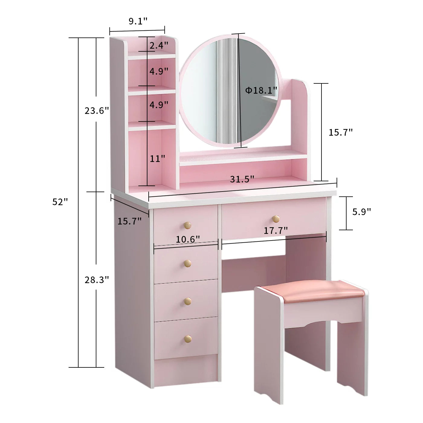 MONSLIPA Vanity Set with Round Mirror for Bedroom, Makeup Dressing Table with 5 Drawers and Shelves for Girl Woman, White