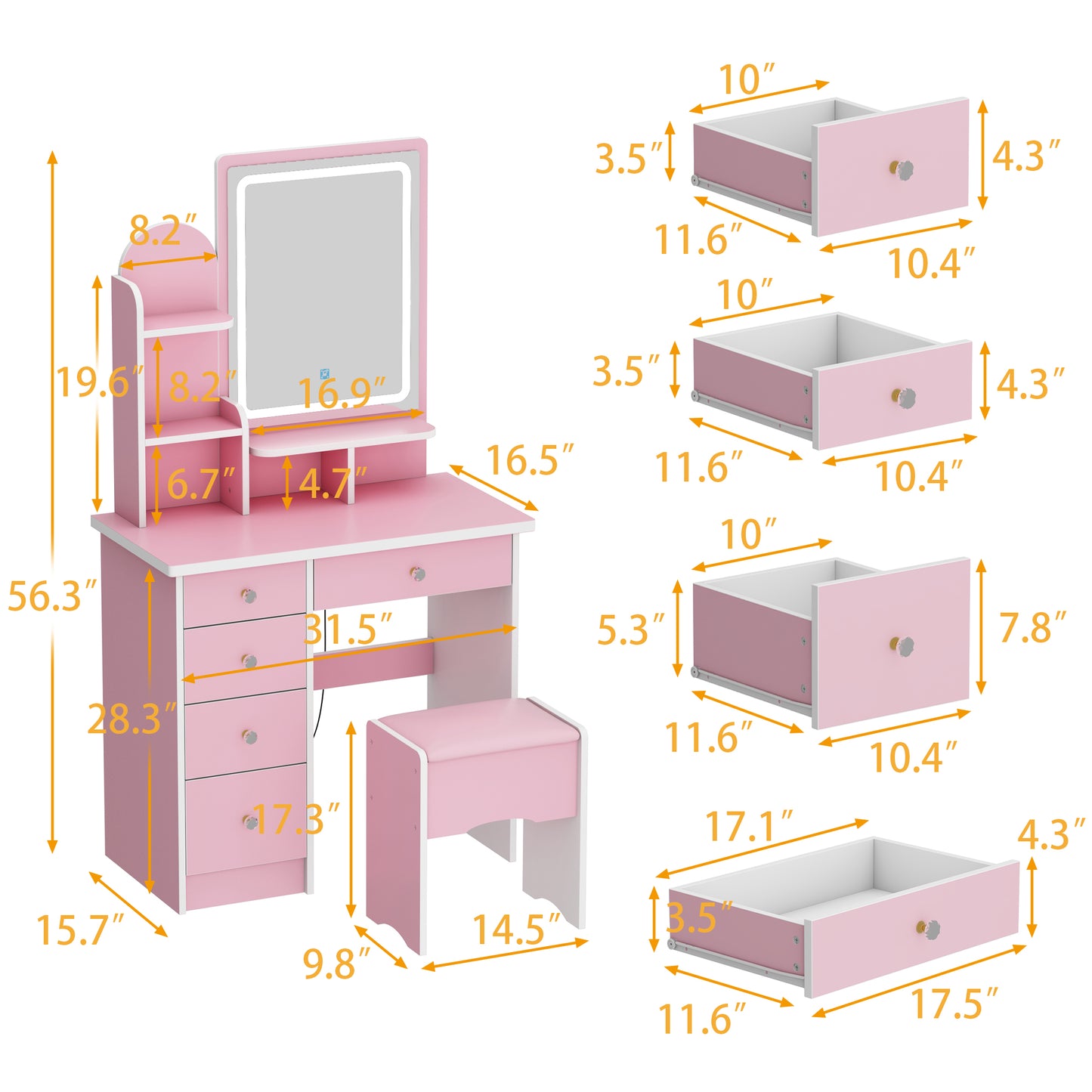 MONSLIPA Pink Finish Vanity Table Set for Girls with Lighted Mirror, 5 Drawers, Shelves, Stool