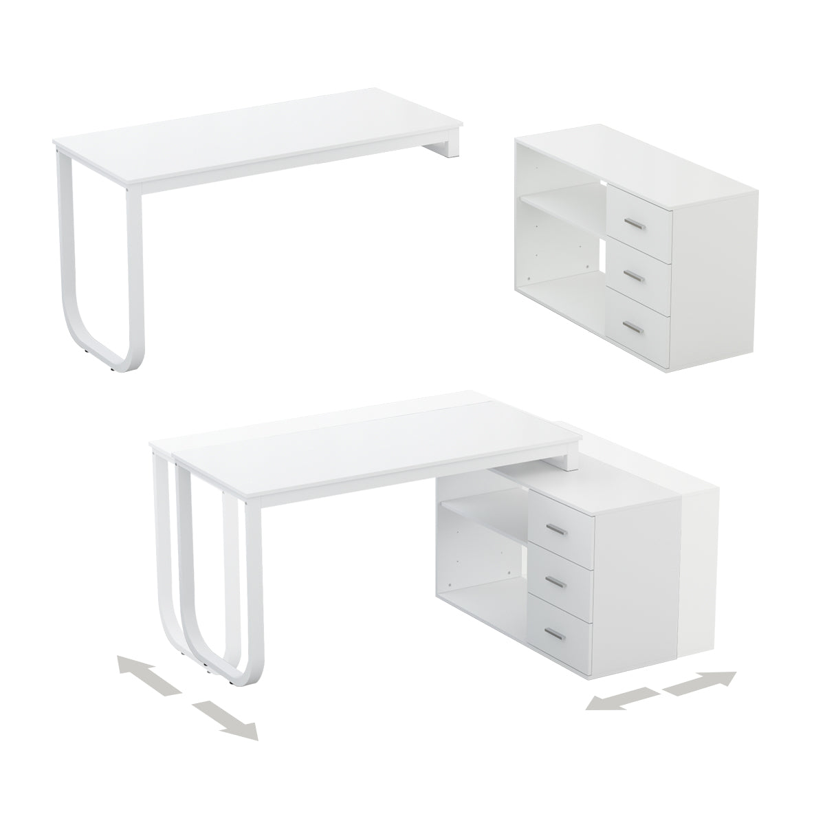 MONSLIPA L Shaped Desk with Storage Shelf and 3 Drawers, 55" Home Office Corner Office Writing Desk Study Workstation Table, White