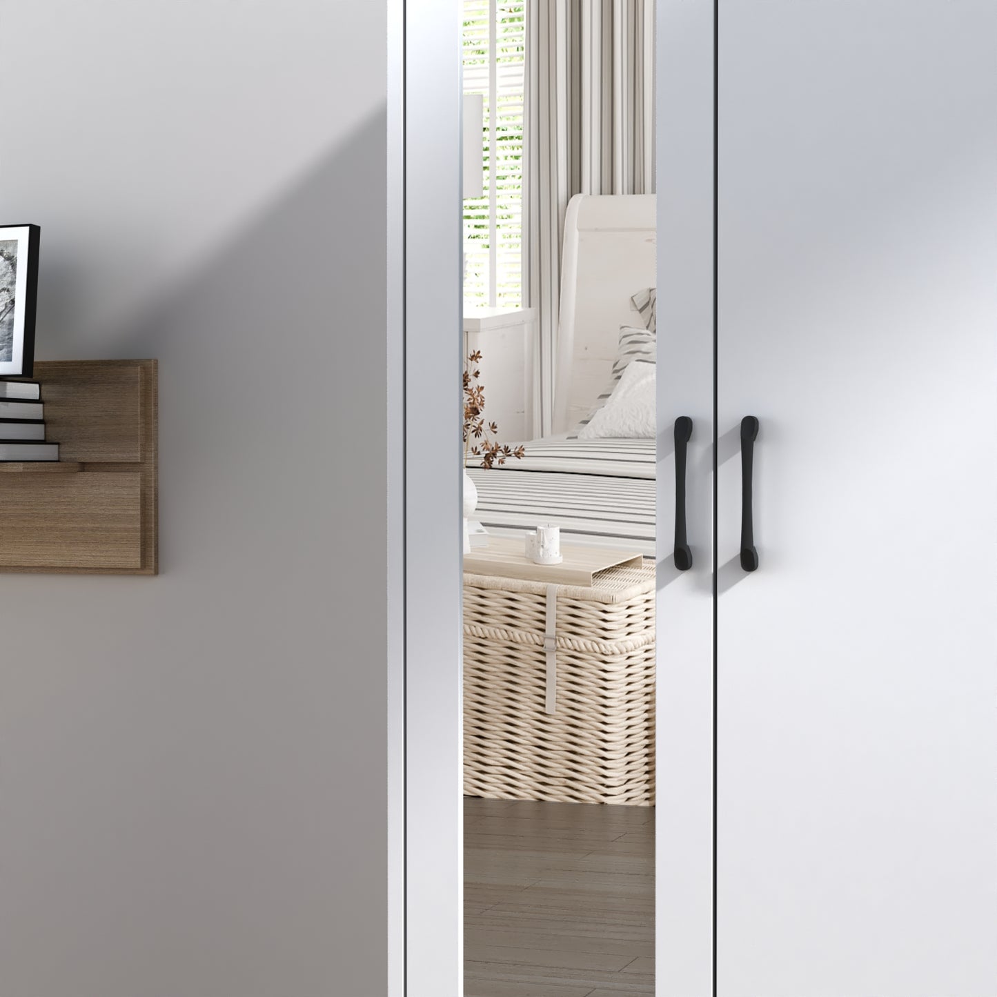 MONSLIPA Mirrored Wardrobe Armorie with Drawers and Side Shelves, Modern Bedroom Closet Cabinet with Telescopic Clothes Rail, White