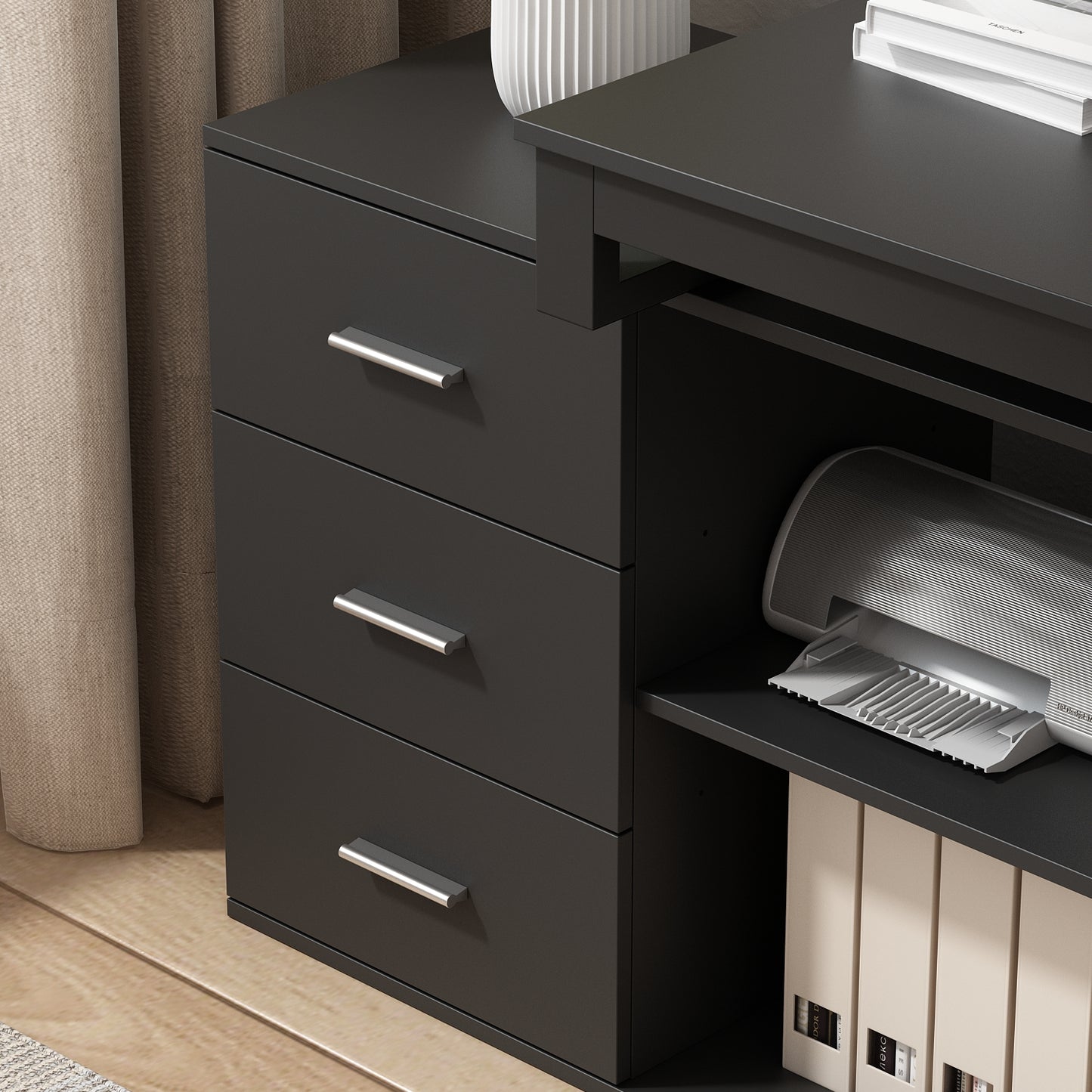 MONSLIPA L Shaped Desk with Storage Shelf and 3 Drawers, 55" Home Office Corner Office Writing Desk Study Workstation Table, Black