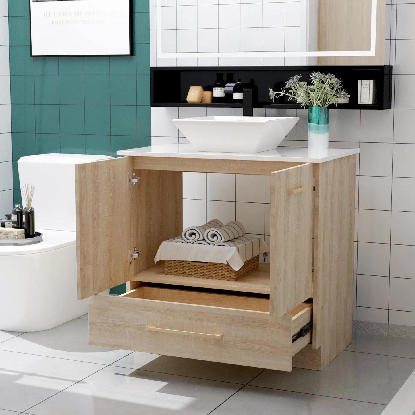 MONSLIPA 30 inch Bathroom Vanity with Sink,2 Door Vanity Cabinet Sink Combo with Drawer, Oak