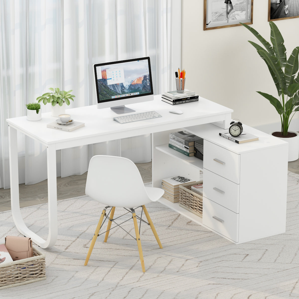 MONSLIPA L Shaped Desk with Storage Shelf and 3 Drawers, 55" Home Office Corner Office Writing Desk Study Workstation Table, White