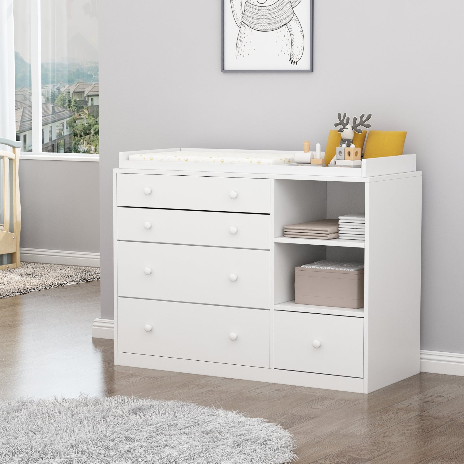 MONSLIPA Nursery Dresser Baby Dresser with 5 Drawer, White Wood Chest