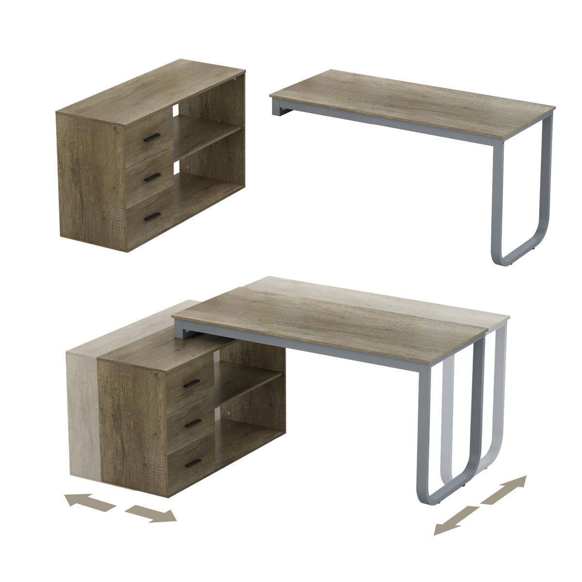 MONSLIPA L Shaped Desk with Storage Shelf and 3 Drawers, 55" Home Office Corner Office Writing Desk Study Workstation Table, Light Gray