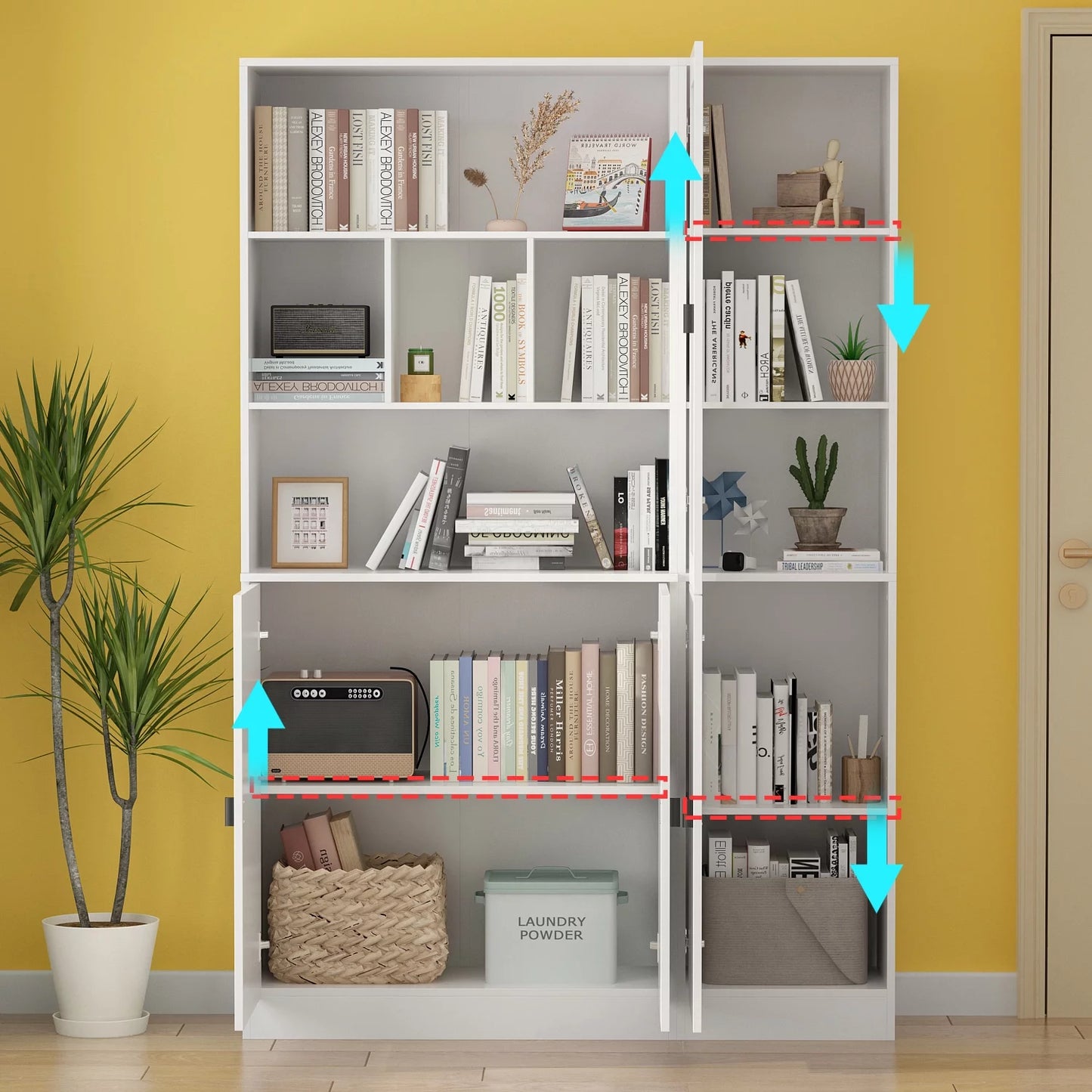 MONSLIPA Large Bookcase Storage Cabinet Set, Display Storage Organizer with Glass Door and Open Shelves for Home Office Living Room,White