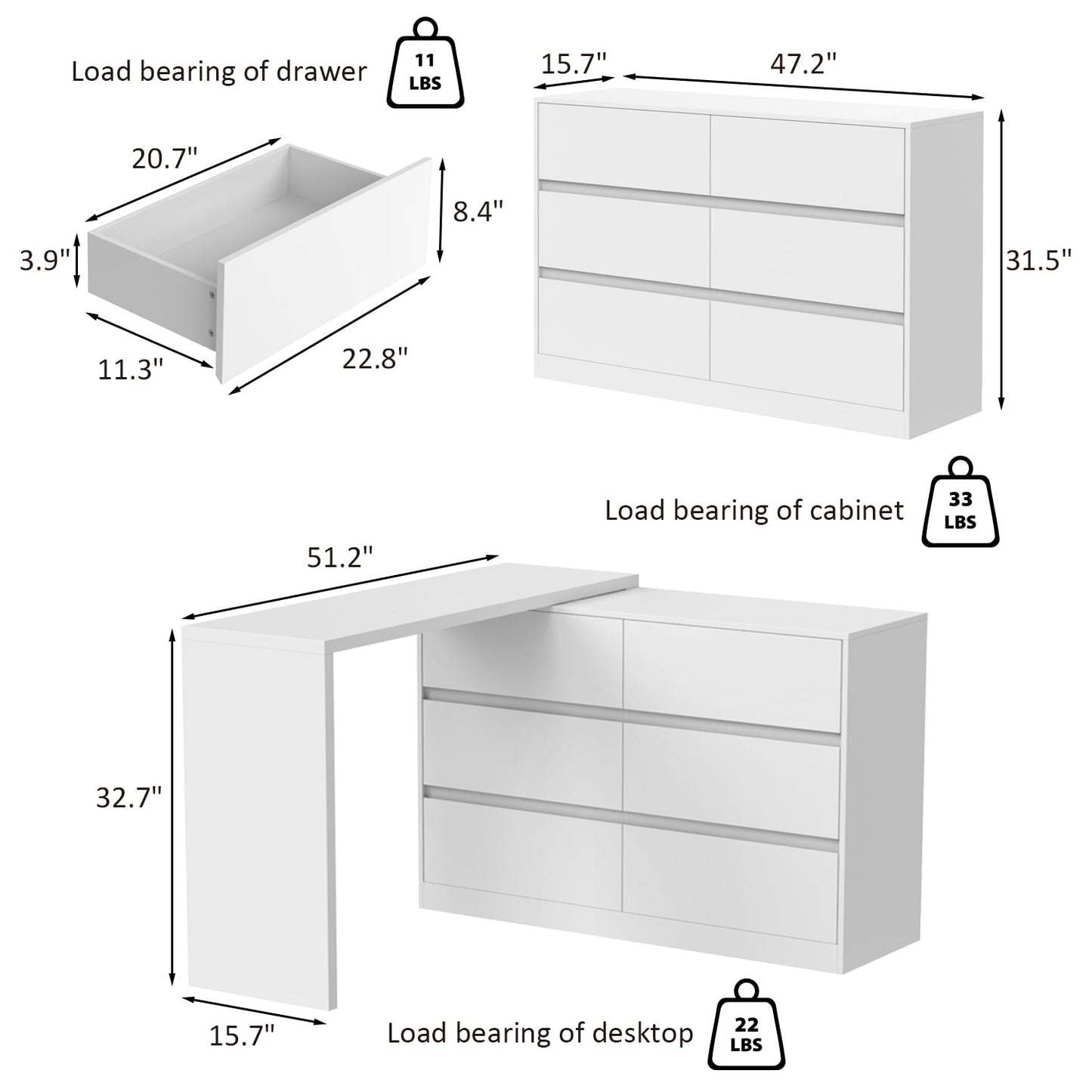 MONSLIPA L-Shaped Desk 6 Drawer Dresser, Corner Rotating Table Shelf White Dresser