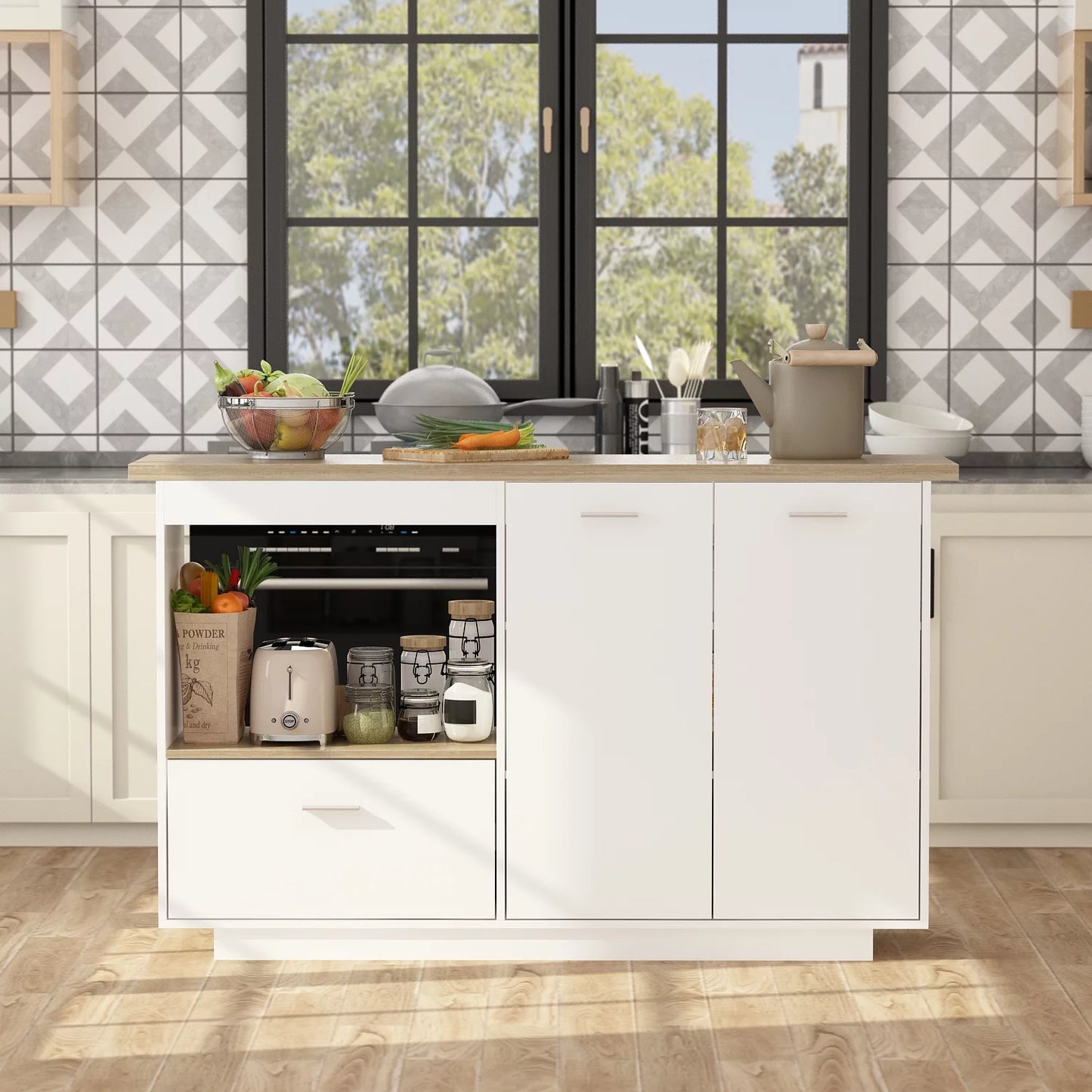 MONSLIPA Kitchen Island with Drop Leaf Countertop, Kitchen Storage Cabinet with Open Shef and Drawer for Dining Room