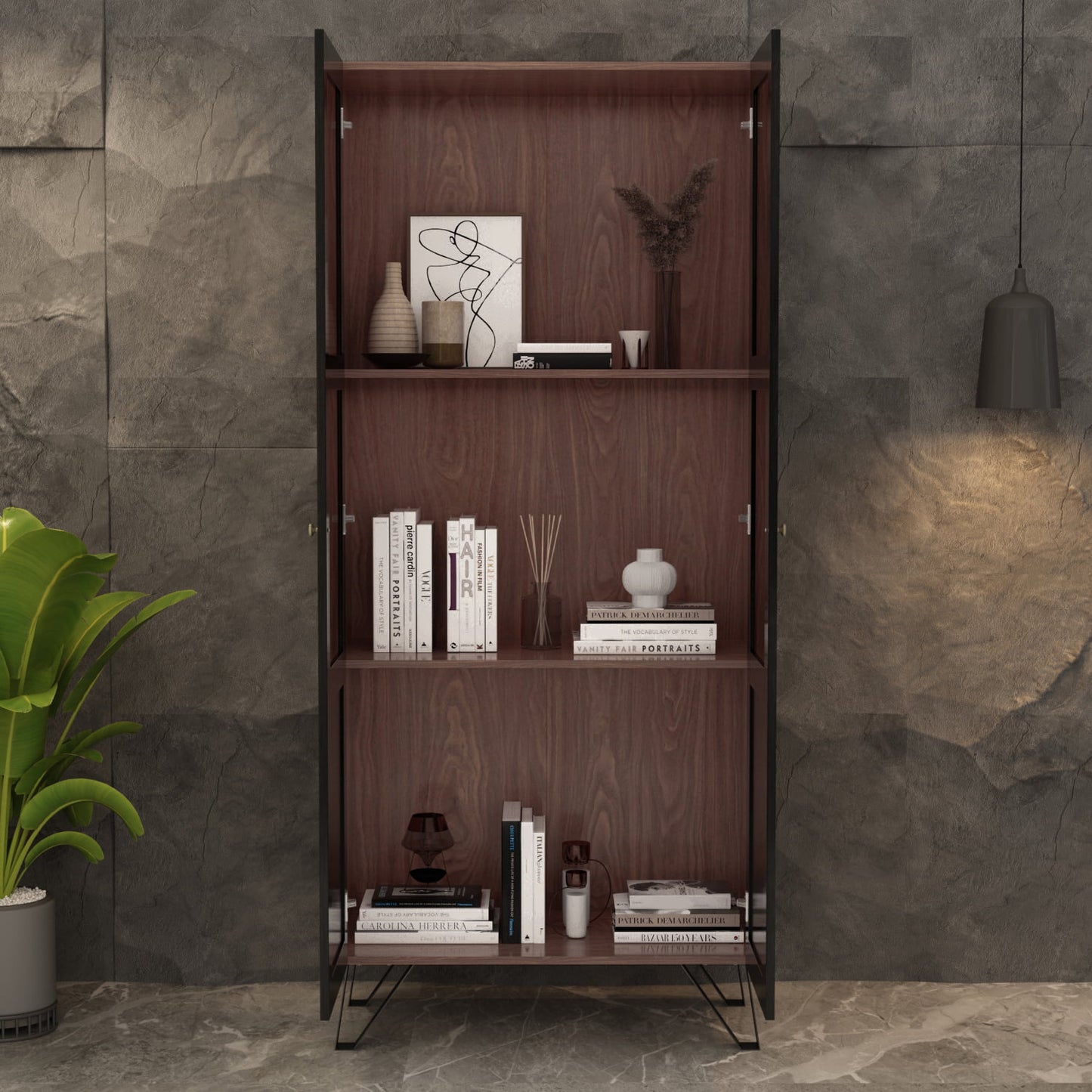 MONSLIPA 70.7¡±H Tall Bookcase Storage Cabinet with Acrylic Glass Doors, 3 Tier Display Cabinet Locker with Metal Legs for Home Office, Wanut&Black
