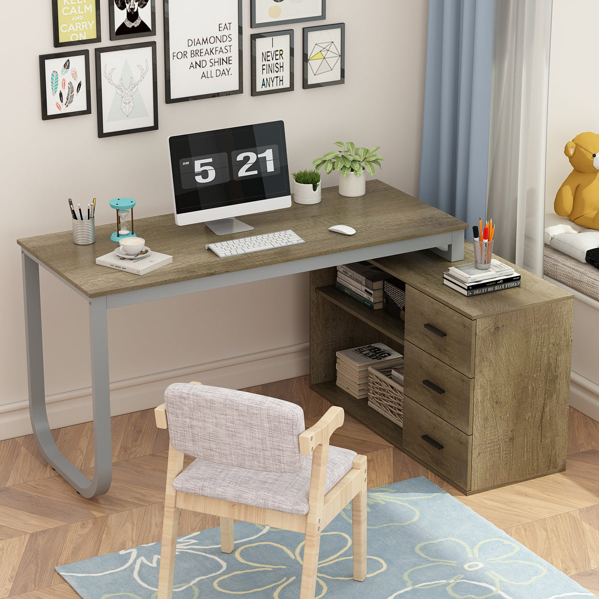 MONSLIPA L Shaped Desk with Storage Shelf and 3 Drawers, 55" Home Office Corner Office Writing Desk Study Workstation Table, Light Gray