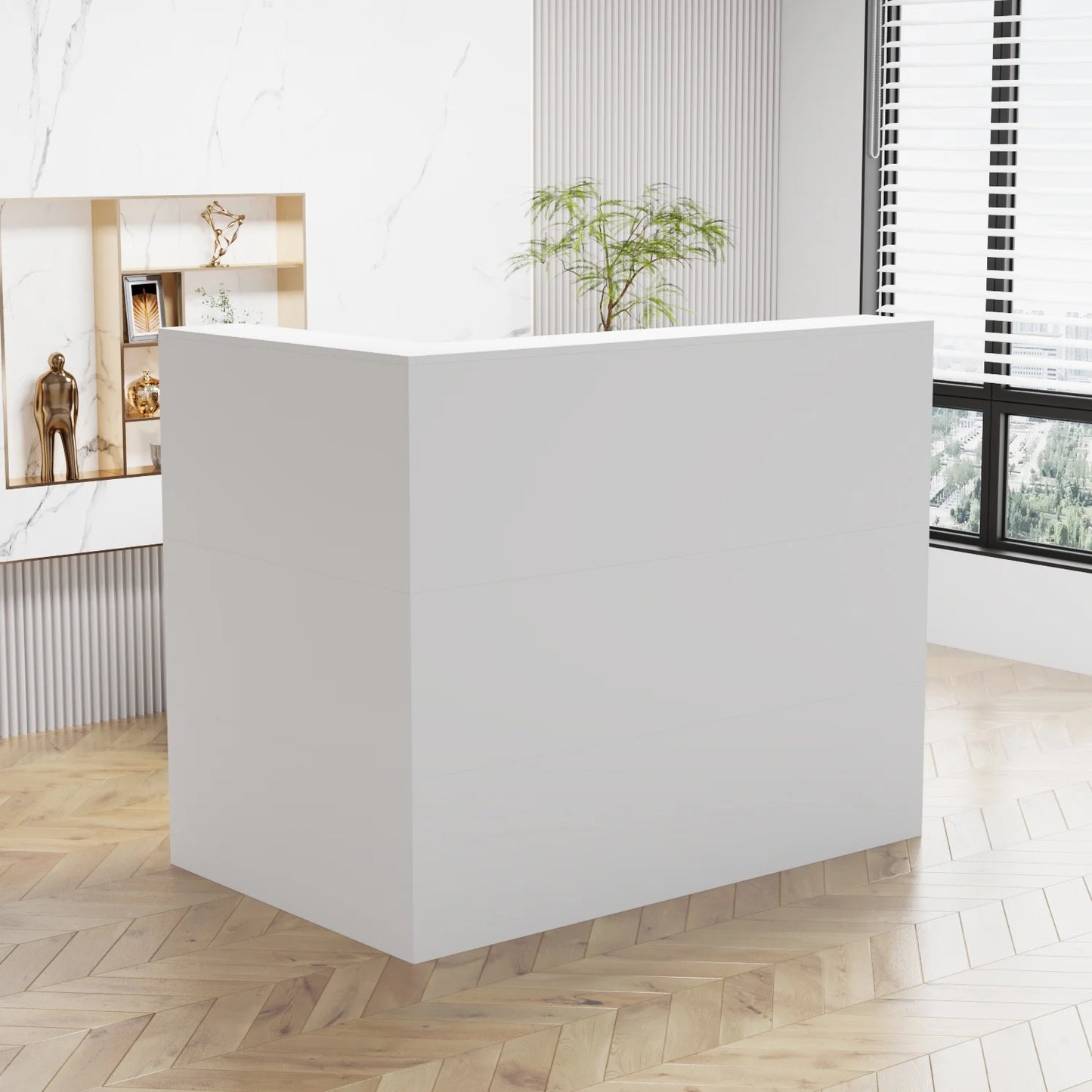 MONSLIPA L-Shape Wood Reception Desk with , Register Stand Reception Center Desk, White