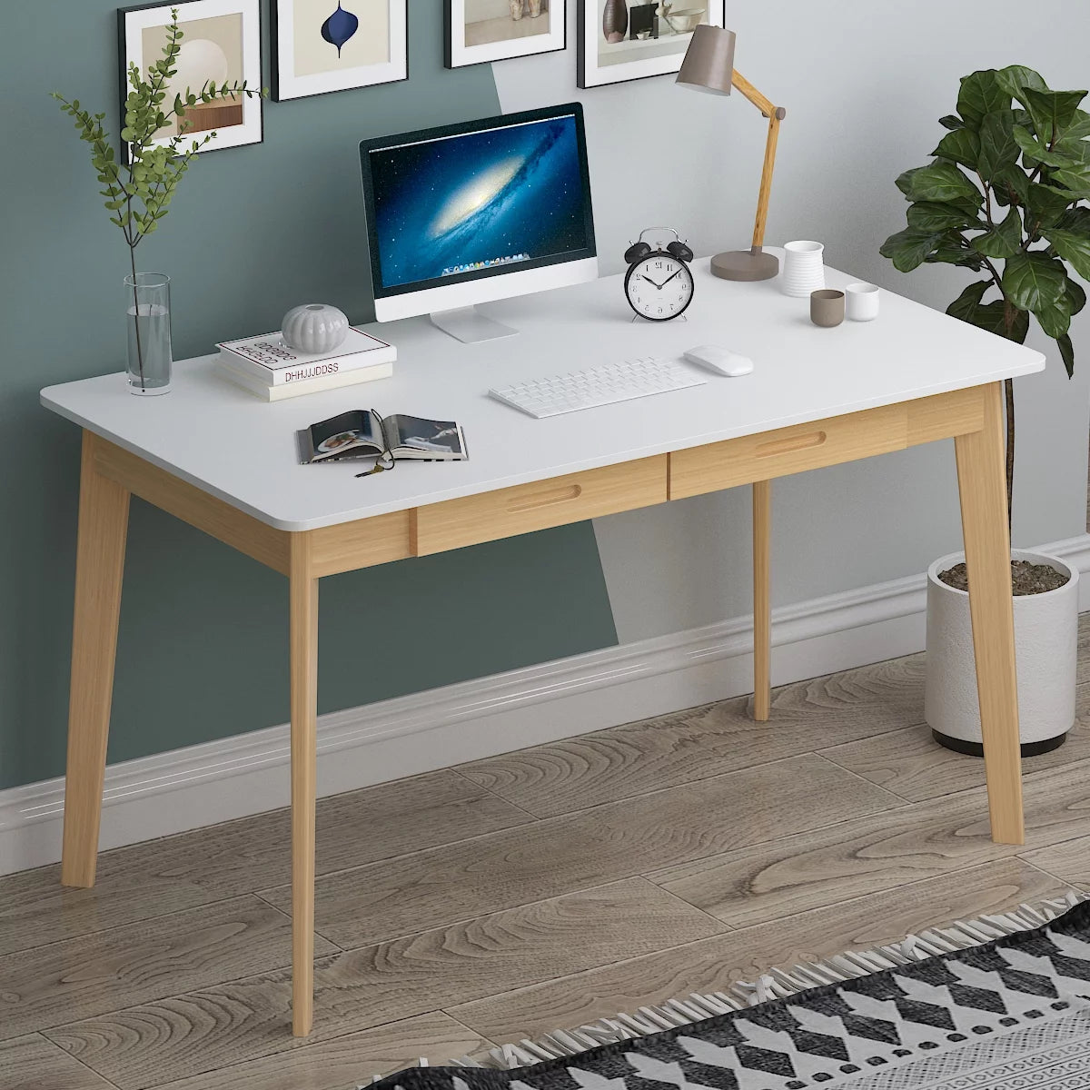 MONSLIPA Industrial Modern Wooden Desk with Storage Drawers, Office Computer Desk and Home Office Desk with Sturdy Wood Legs, 47" Long (White)