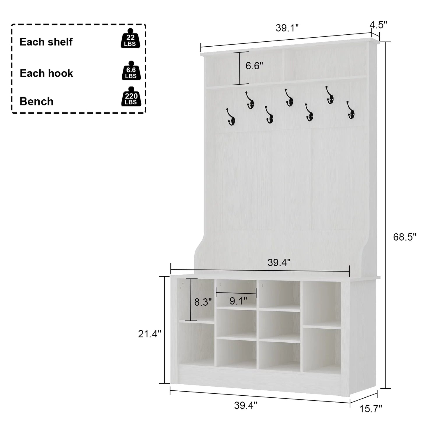 MONSLIPA Hall Tree with Storage Bench, 3-in-1 Entryway Bench with Coat Rack, Hall Tree with Bench and Shoe Storage, Open Shelves and Hanging Hooks