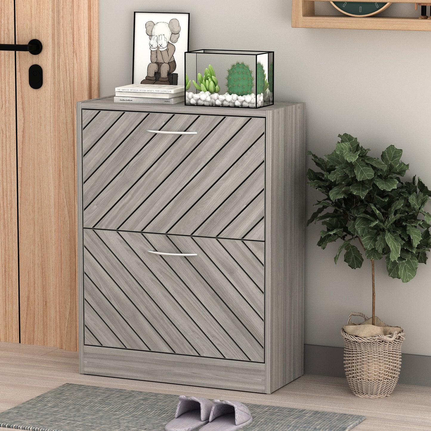 Free Standing Tipping Bucket Shoe Cabinet with Compartments, 2 Drawer Shoe Cupboard for Hallway Entryway