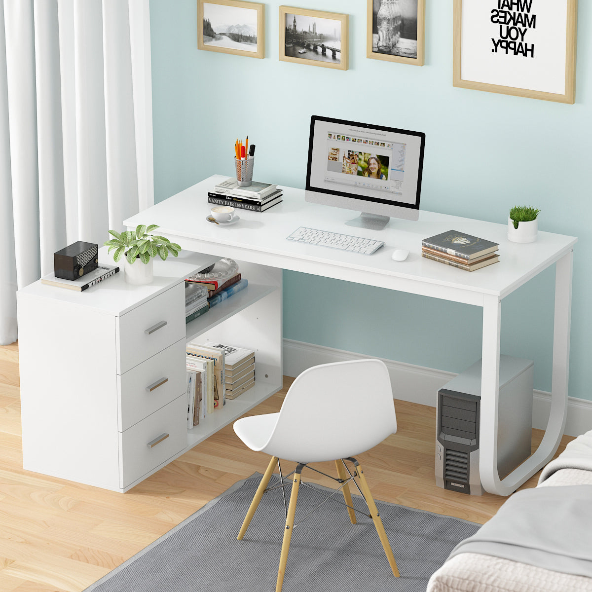 MONSLIPA L Shaped Desk with Storage Shelf and 3 Drawers, 55" Home Office Corner Office Writing Desk Study Workstation Table, White