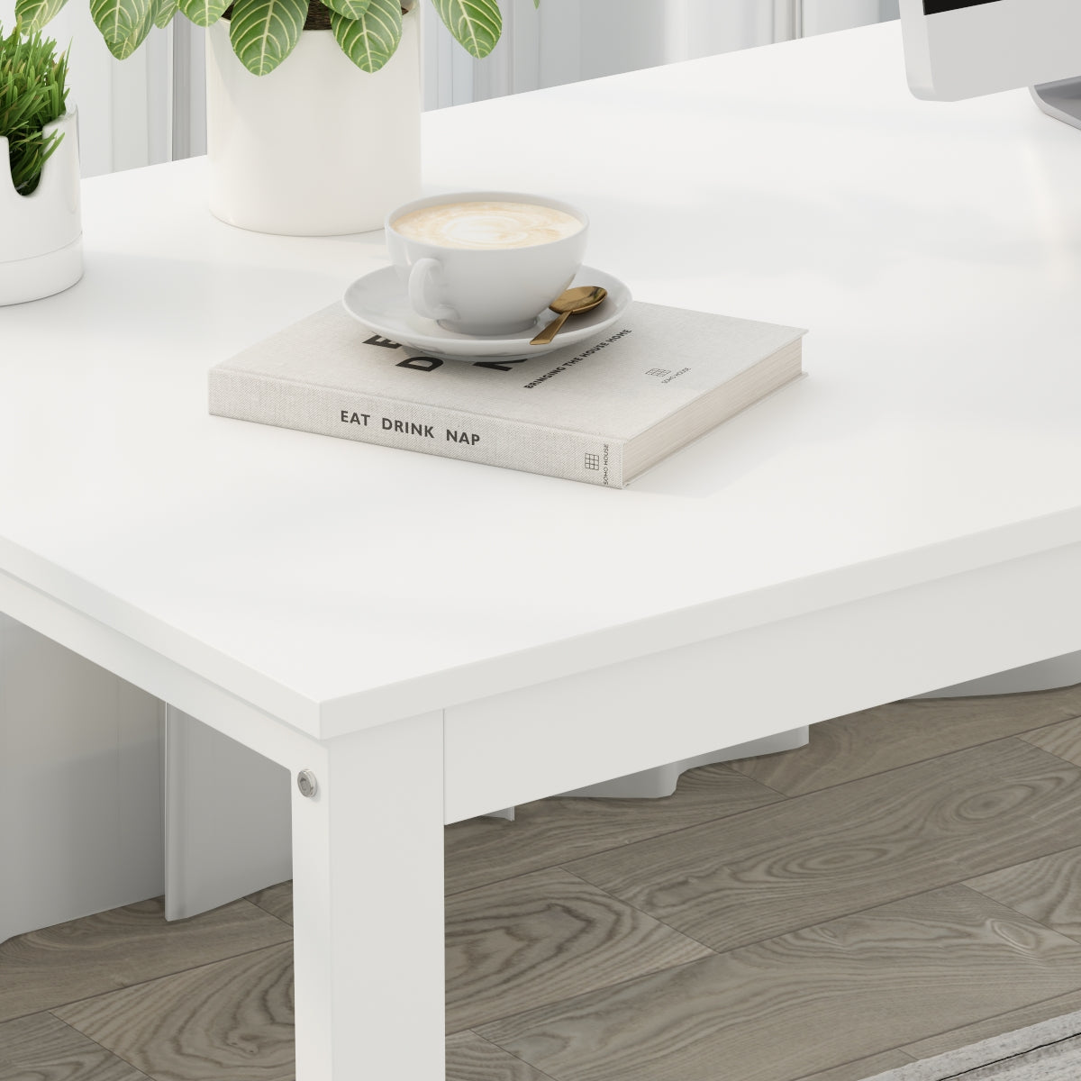 MONSLIPA L Shaped Desk with Storage Shelf and 3 Drawers, 55" Home Office Corner Office Writing Desk Study Workstation Table, White