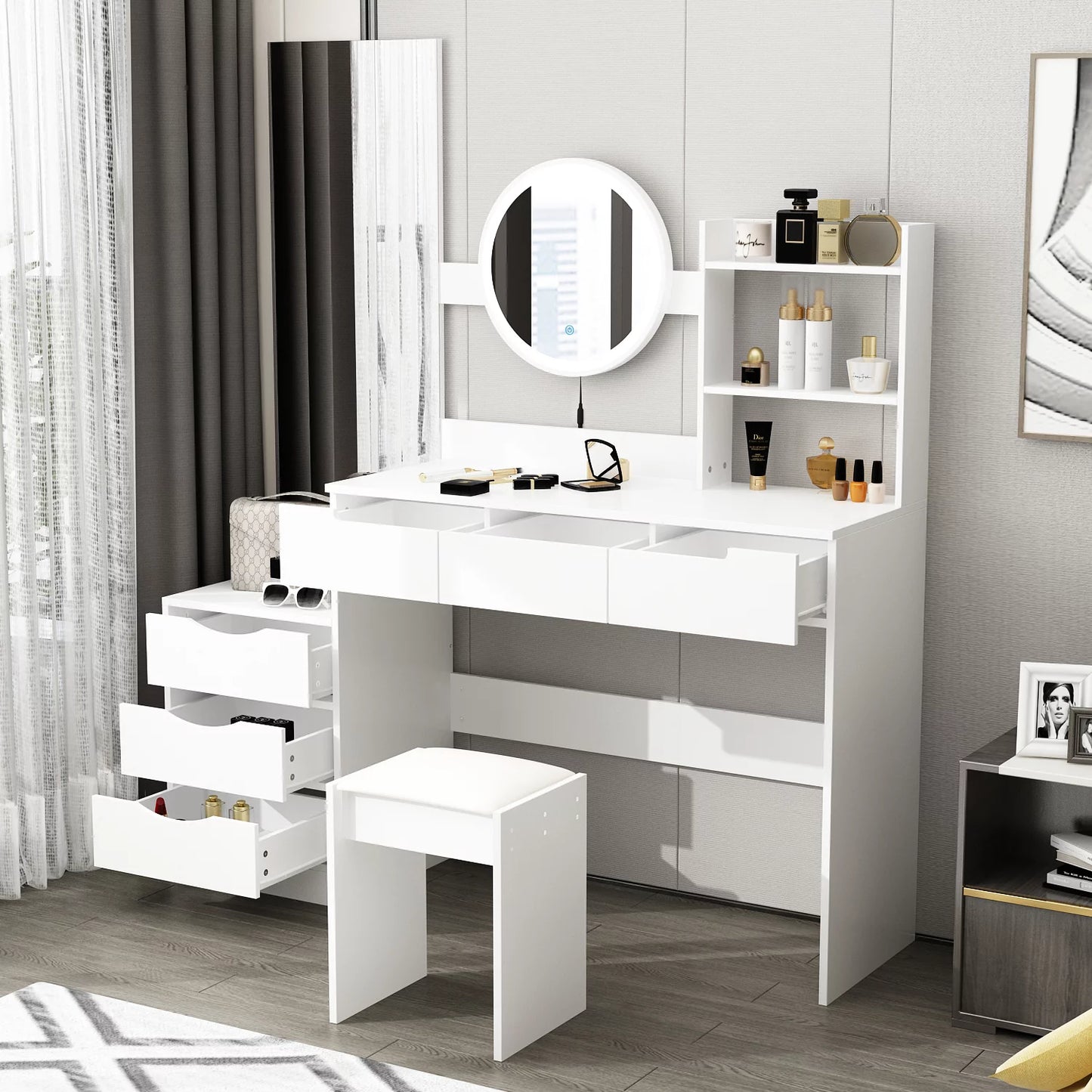 MONSLIPA Makeup Vanity with Lighted Round Mirror, Vanity Set with Extra Large Mirror, Drawer &Cushioned Stool for Bedroom