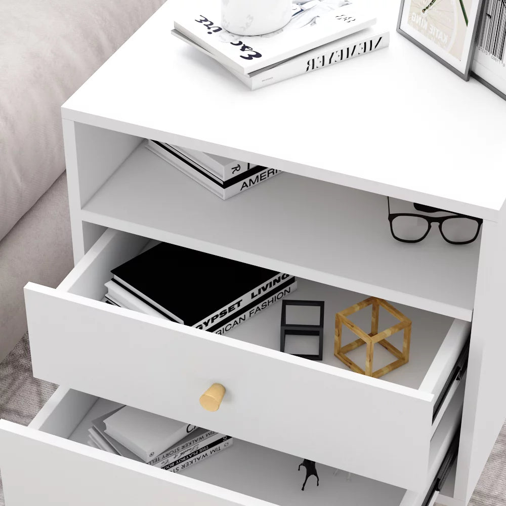 MONSLIPA Nightstand Bedside Table, Side End Table with 2 Storage Drawers and Open Shelf, Sofa Table Night Stand with Metal Leg for Living Room Bedroom ,White