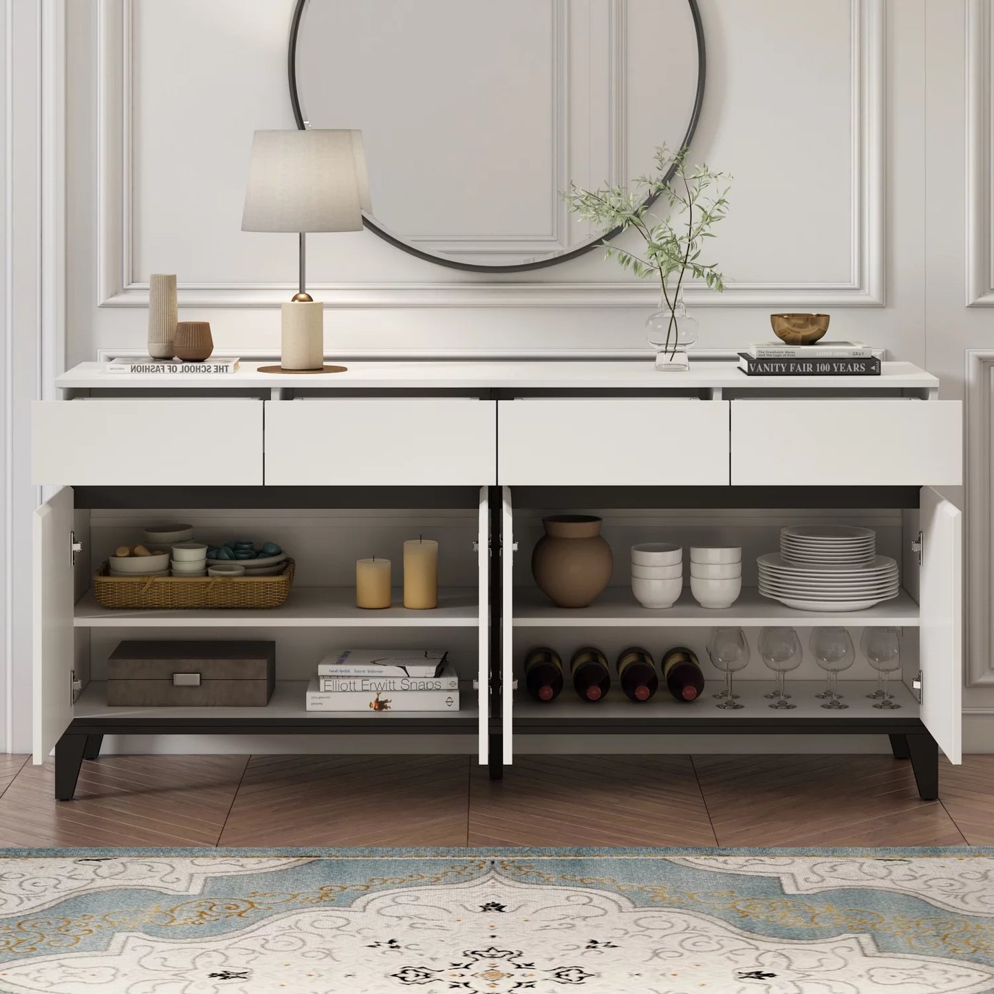 MONSLIPA Kitchen Sideboards Tables with 4 Drawers, Modern 4-Door Buffet Storage Cabinet with Metal Frame for Living Room Entryway Dinning Room