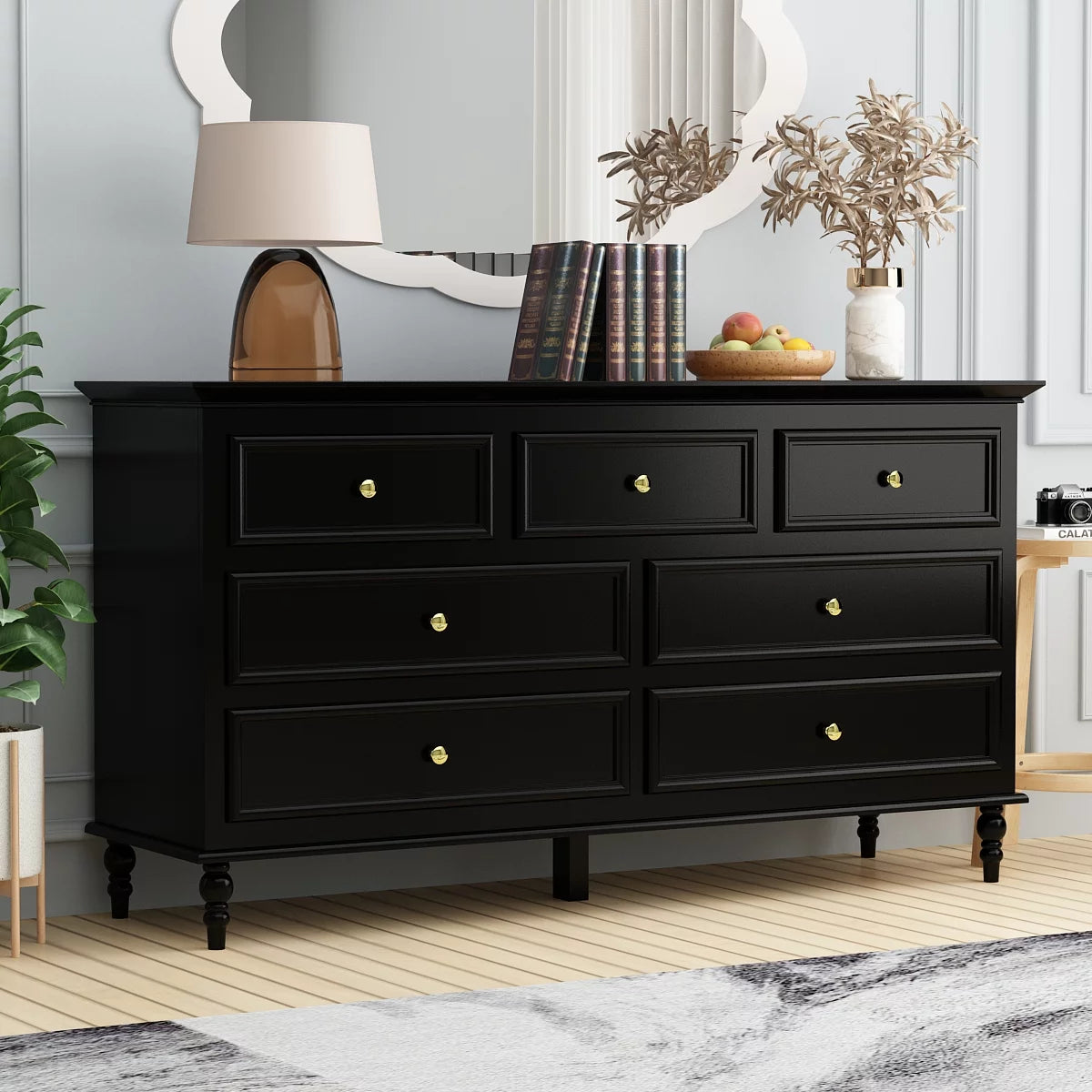 MONSLIPA 7 Drawer Dresser, Wood Chest of Drawers for Bedroom, Living Room, Hallway ( Black )