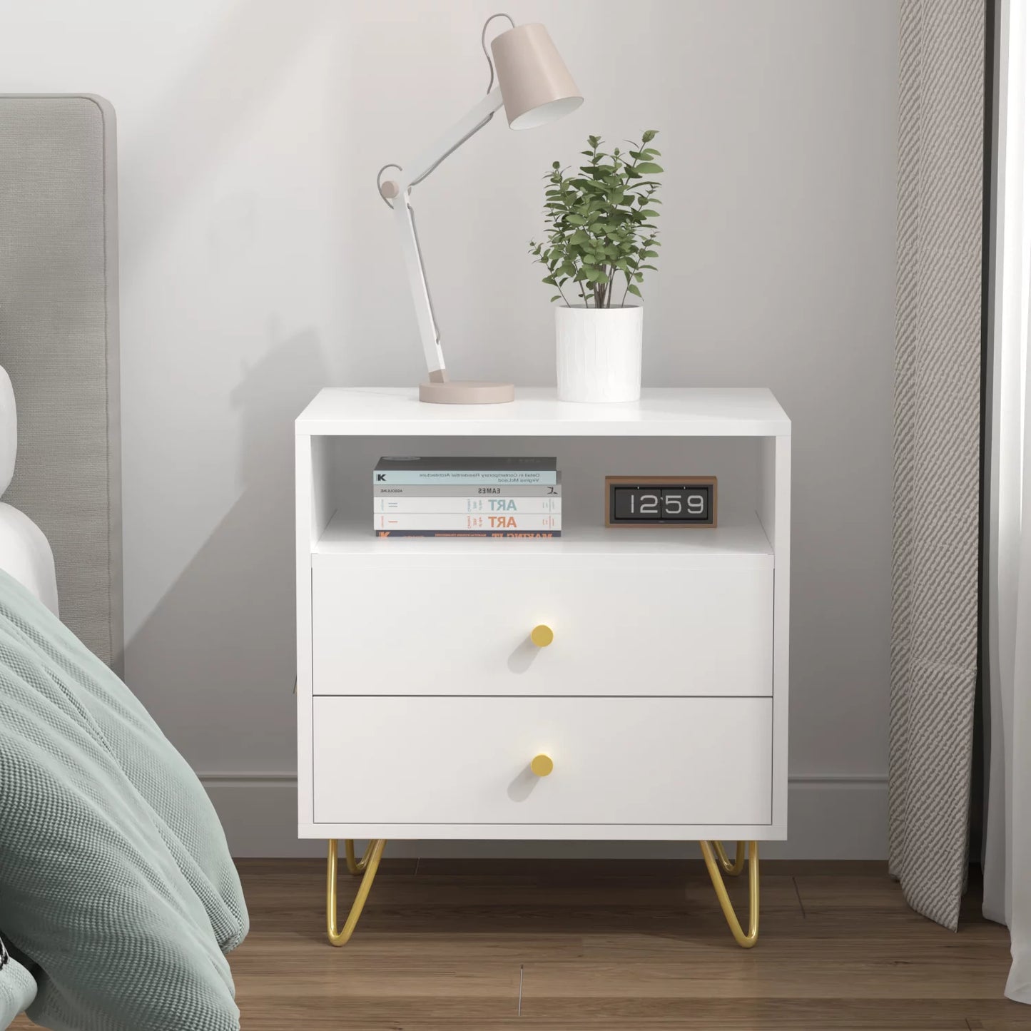 MONSLIPA Set of 2 Nightstand Bedside Table, White End Table with Storage Drawer and Open Shelf