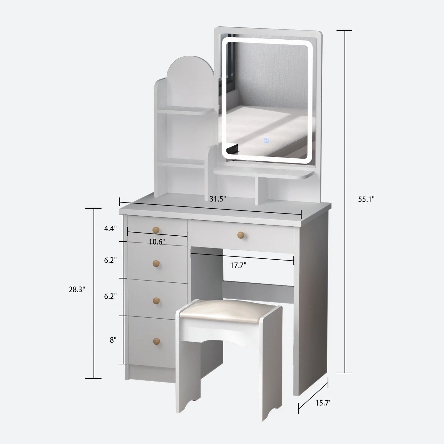 MONSLIPA Vanity Set with Lighted Mirror, Makeup Vanity Dressing Table with 5 Drawers, Shelves, Dresser Desk and Cushioned Stool Set (White/ Lighted Mirror)