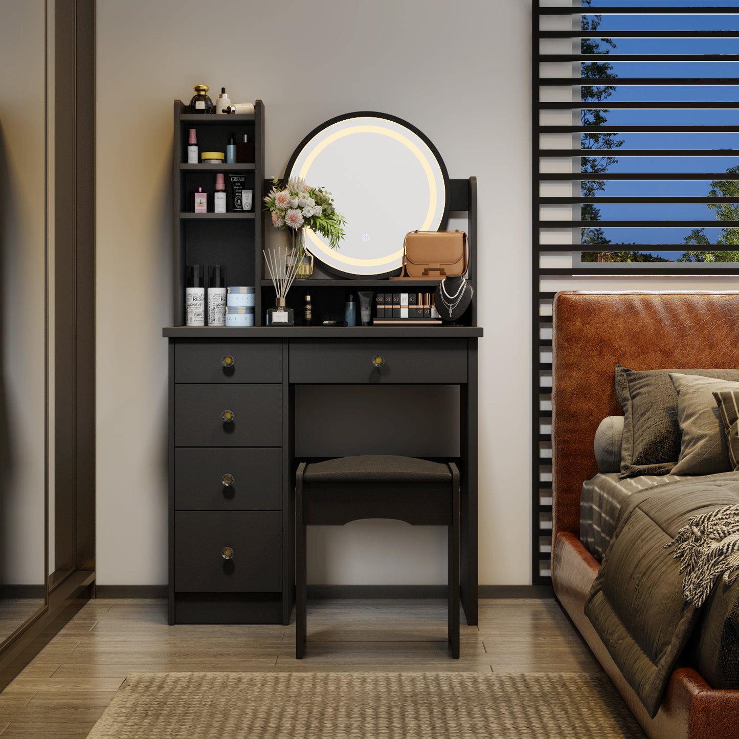 Vanity Table with Light Round Mirror, Makeup Drssing Desk with Drawers for Bedroom Black