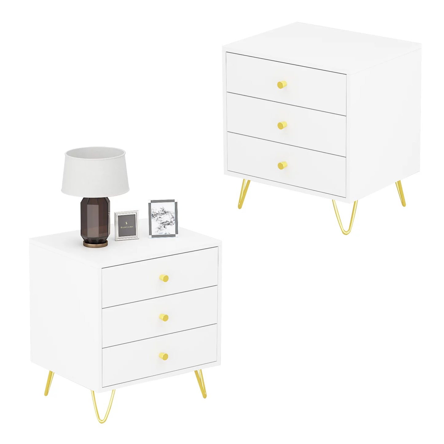 MONSLIPA Set of 2 Nightstand Bedside Table, White End Side Table with 3 Storage Drawers for Living Room Bedroom