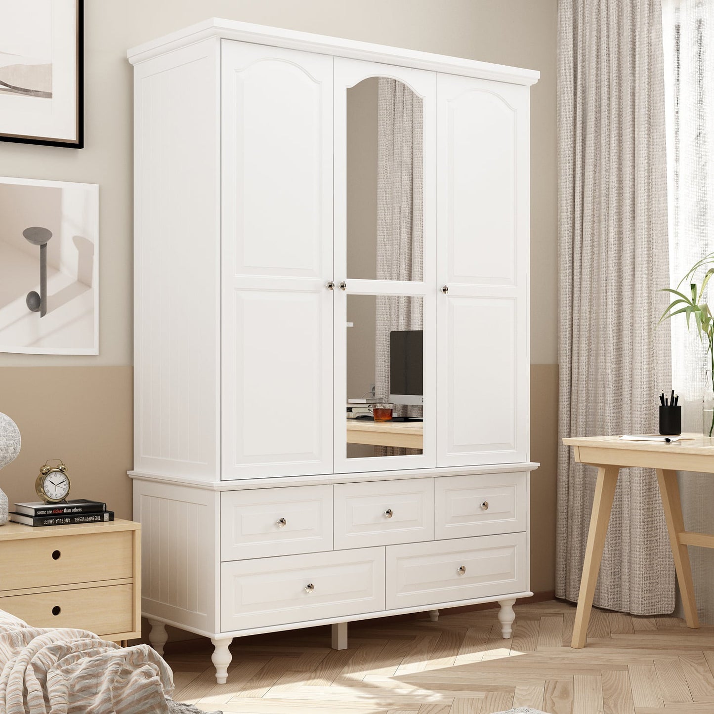 MONSLIPA White Wardrobe with Mirror, Modern 3-Door Armoire with Hanging Rod and 5 Drawers for Closet Bedroom