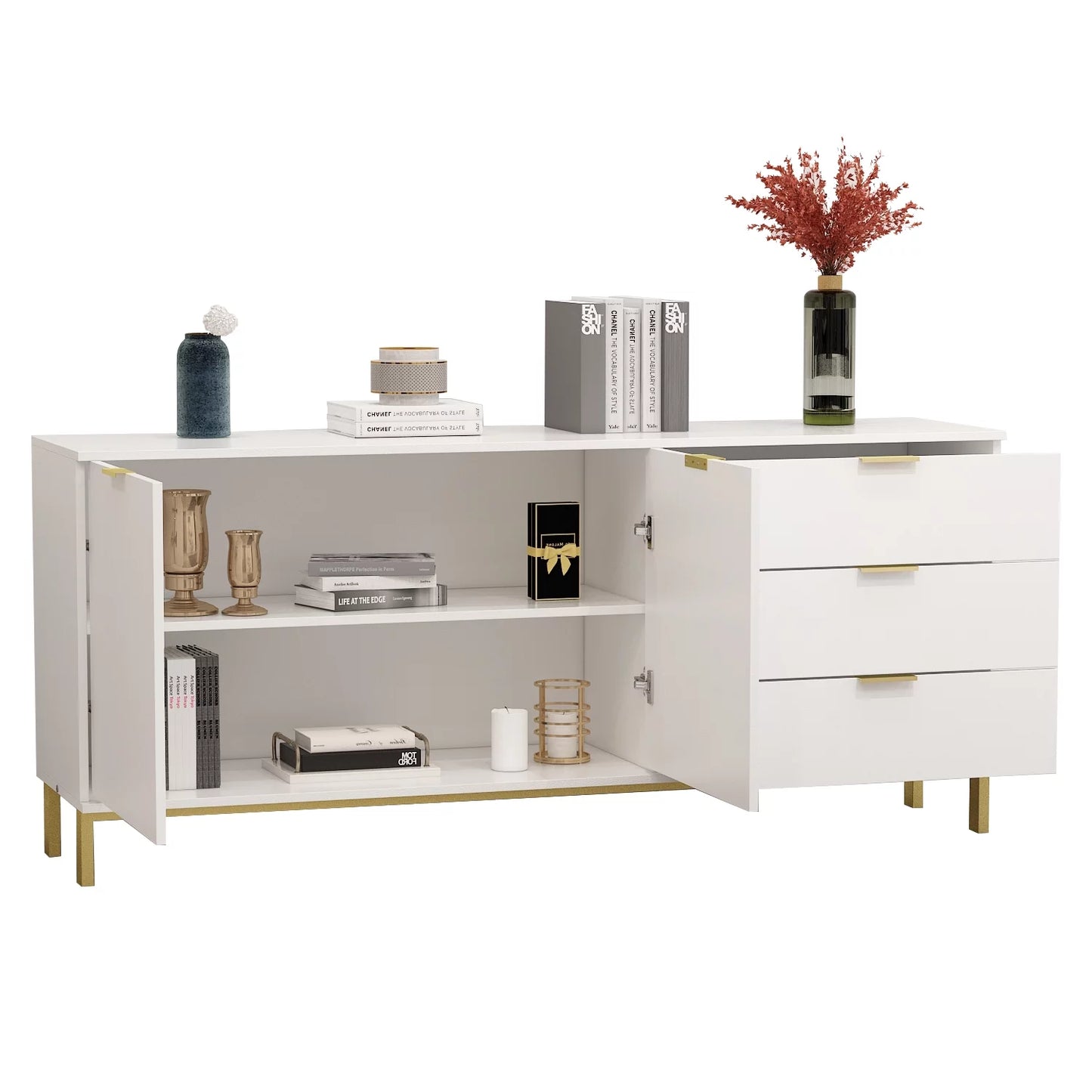 MONSLIPA Kitchen Cabinet with Storage,Accent Sideboard Buffet with Doors and 3 Drawers for Living Room Entryway,White