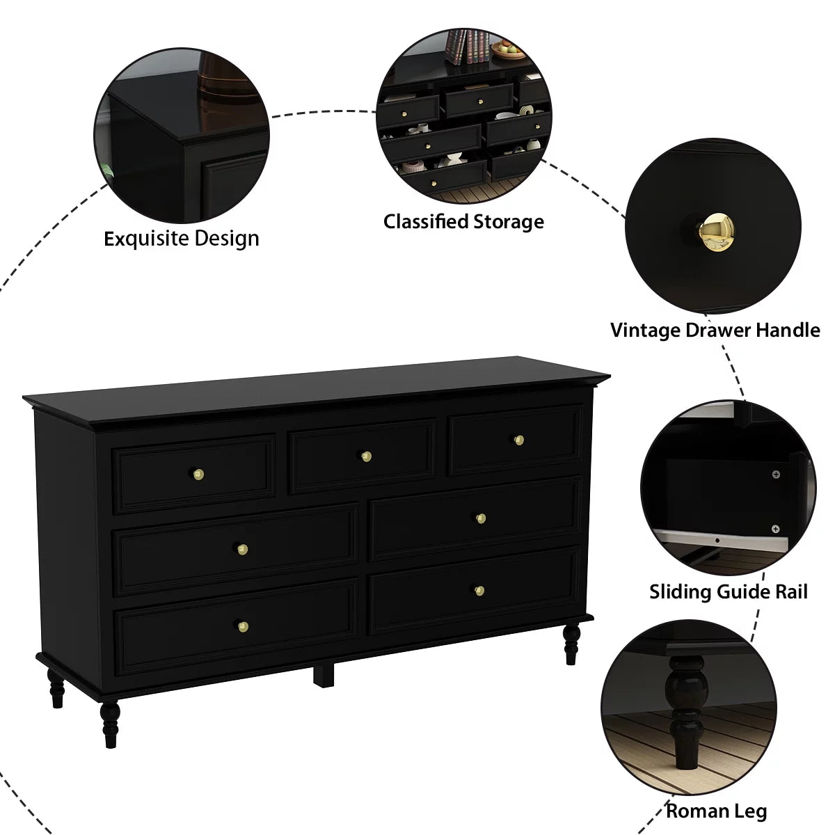 MONSLIPA 7 Drawer Dresser, Wood Chest of Drawers for Bedroom, Living Room, Hallway ( Black )