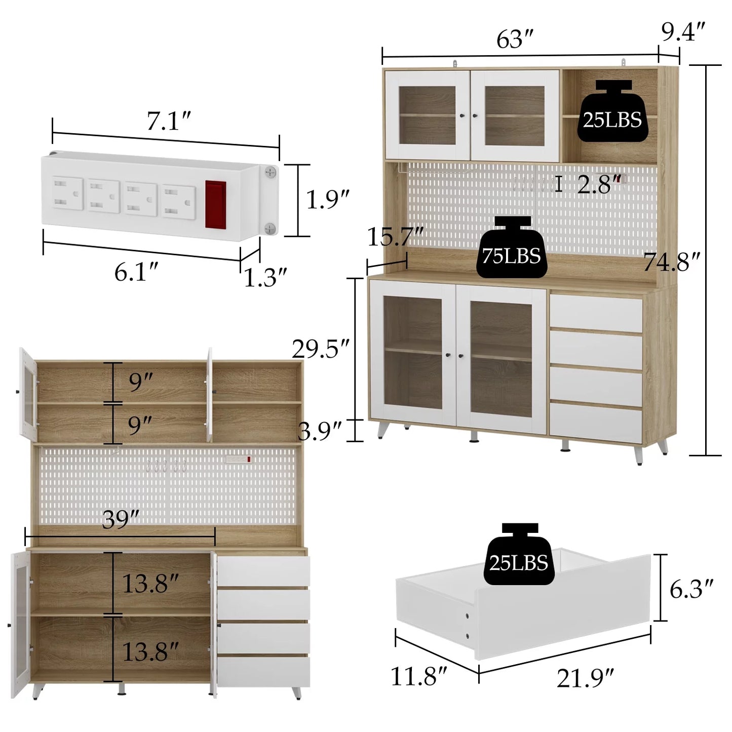 MONSLIPA Kitchen Pantry Storage Cabinet with Power Socket and Hook , Kitchen Hutch Sideboard Buffet Cabinet Wood Cupboard with Glass Door and 4 Storage Drawers, Walnut