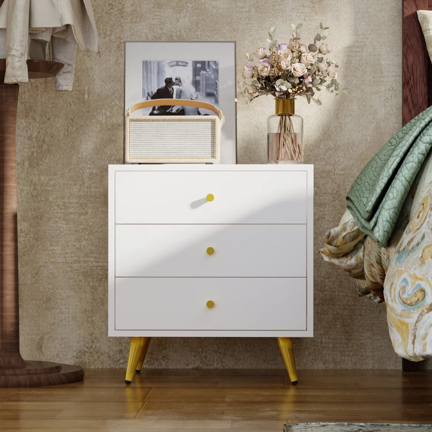 MONSLIPA White Nightstand Bedside Table with 3 Storage Drawers for Bedroom