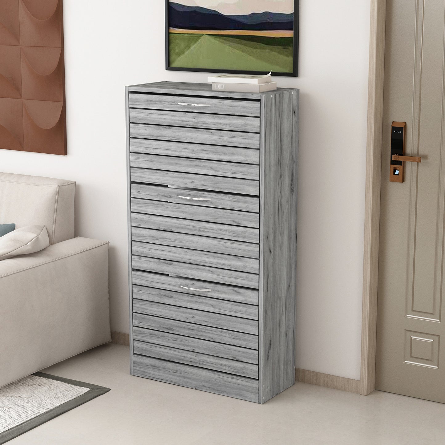 Timechee Shoe Cabinet with 3 Flip Drawers for Entryway Gray