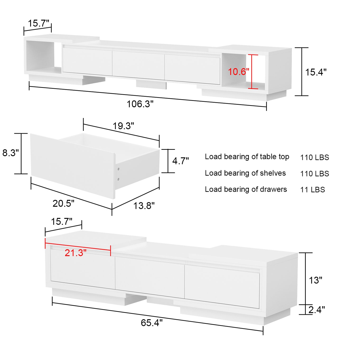 Timechee Modern Entertainment Center with 3 Drawers, Deformable TV Stand with Open Storage for Living Room, White