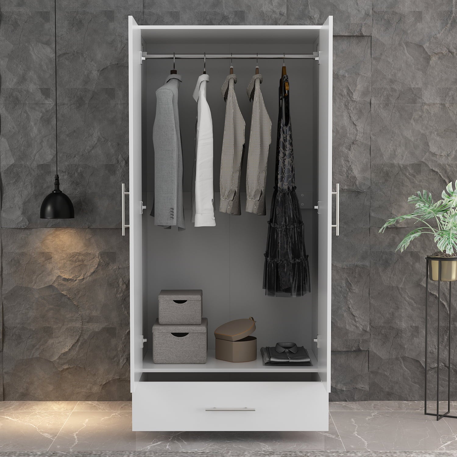 MONSLIPA Modern 2- Door Wardrobe Armoires with Drawer and Hanging Rod,