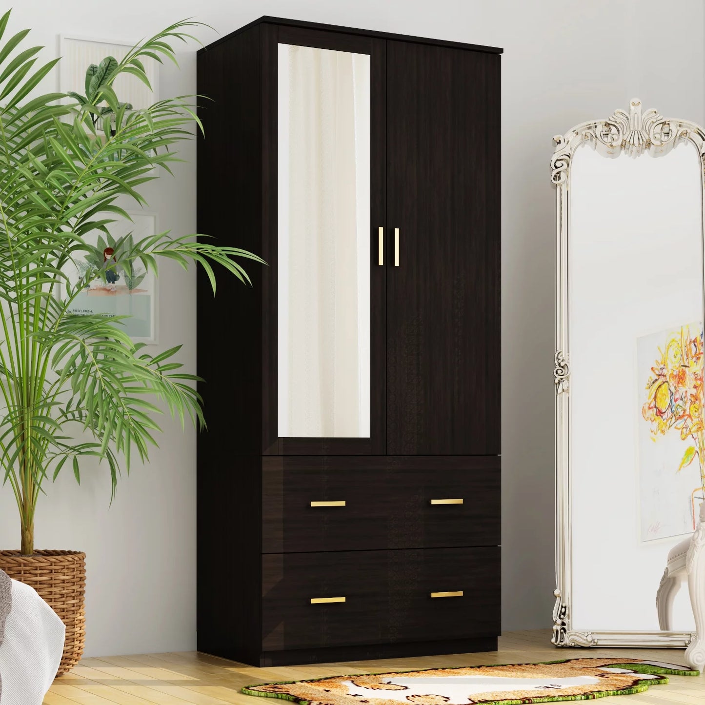 MONSLIPA Modern Wardrobe Amoire with Mirror,2 Drawers and Hanging Rod for Bedroom in Espresso