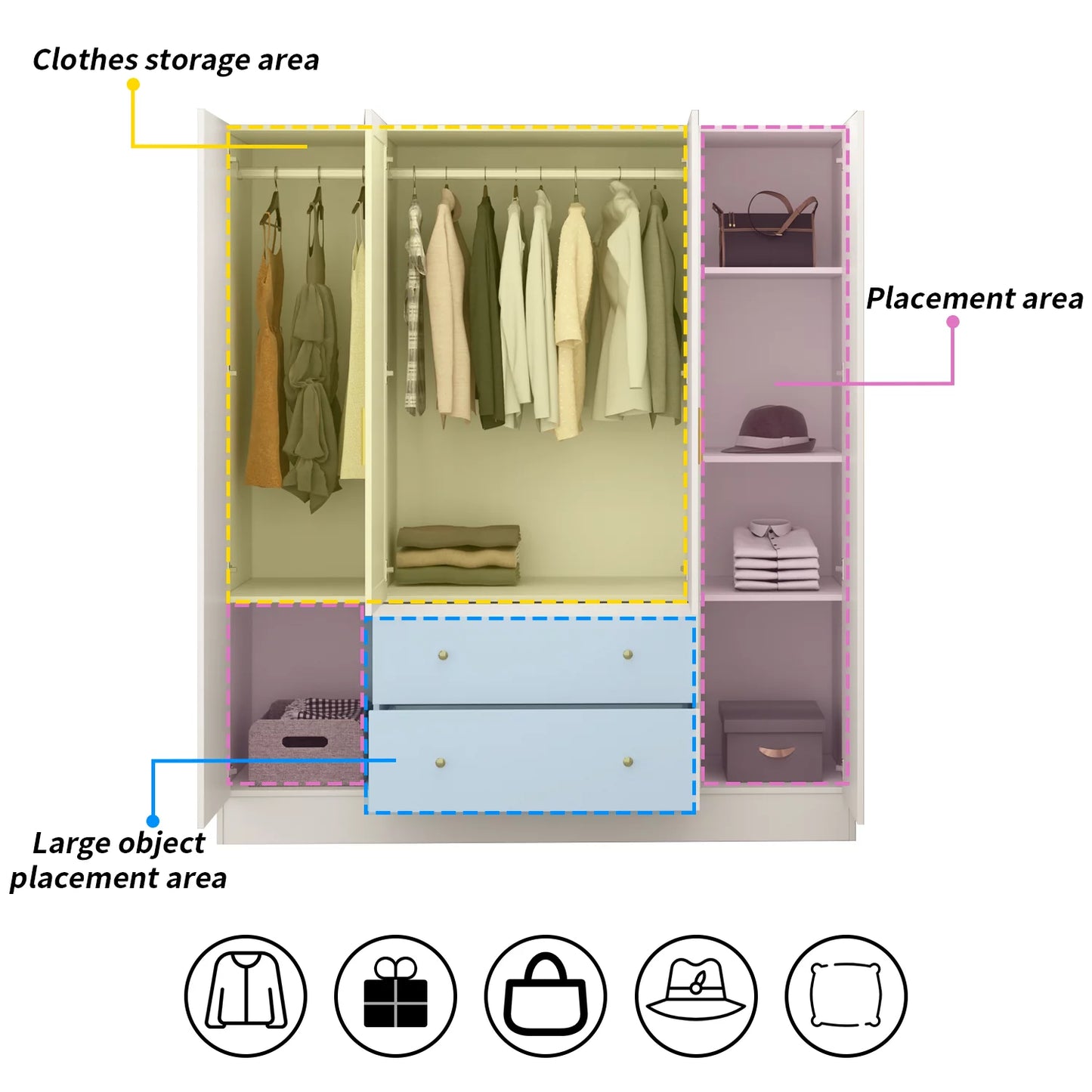 MONSLIPA 4-Door Wardrobe Amoire Closet with Mirror, 2 Drawers and Hanging Rod for Bedroom White