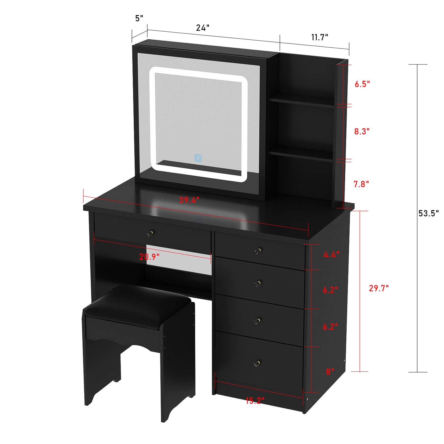 MONSLIPA Vanity Set w/Sliding Light Mirror, Makeup Vanity Table w/ Stool, Drawers & Storage Shelves for Girls Woman,Black