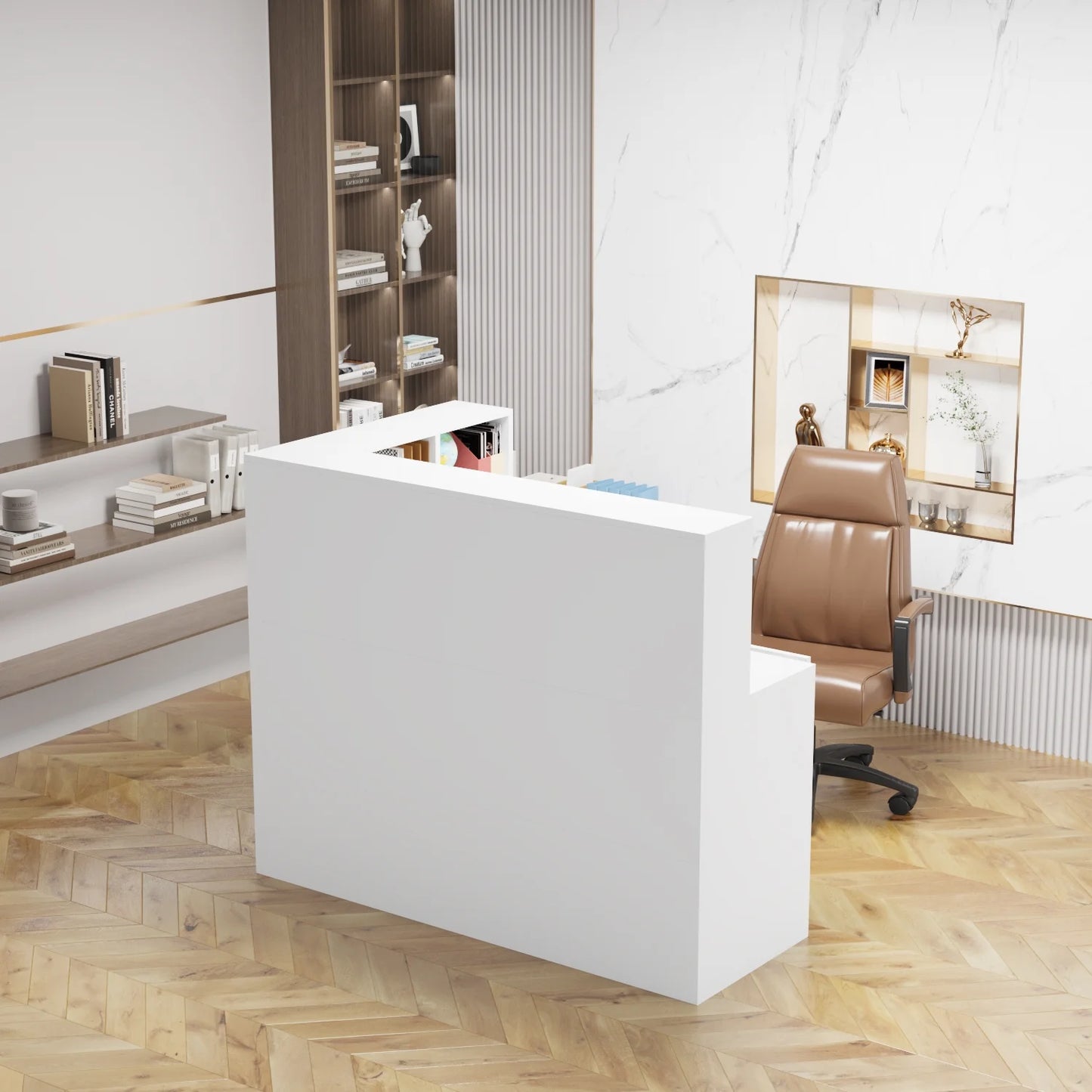 MONSLIPA L-Shape Wood Reception Desk with , Register Stand Reception Center Desk, White
