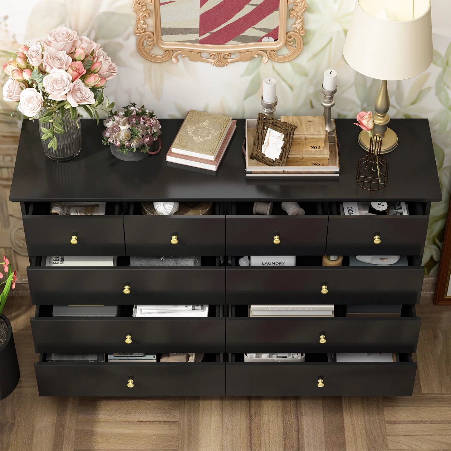 MONSLIPA 10 Drawer Dresser, 55.1'' W Double Dresser Chest of Drawers for Bedroom Closet Black