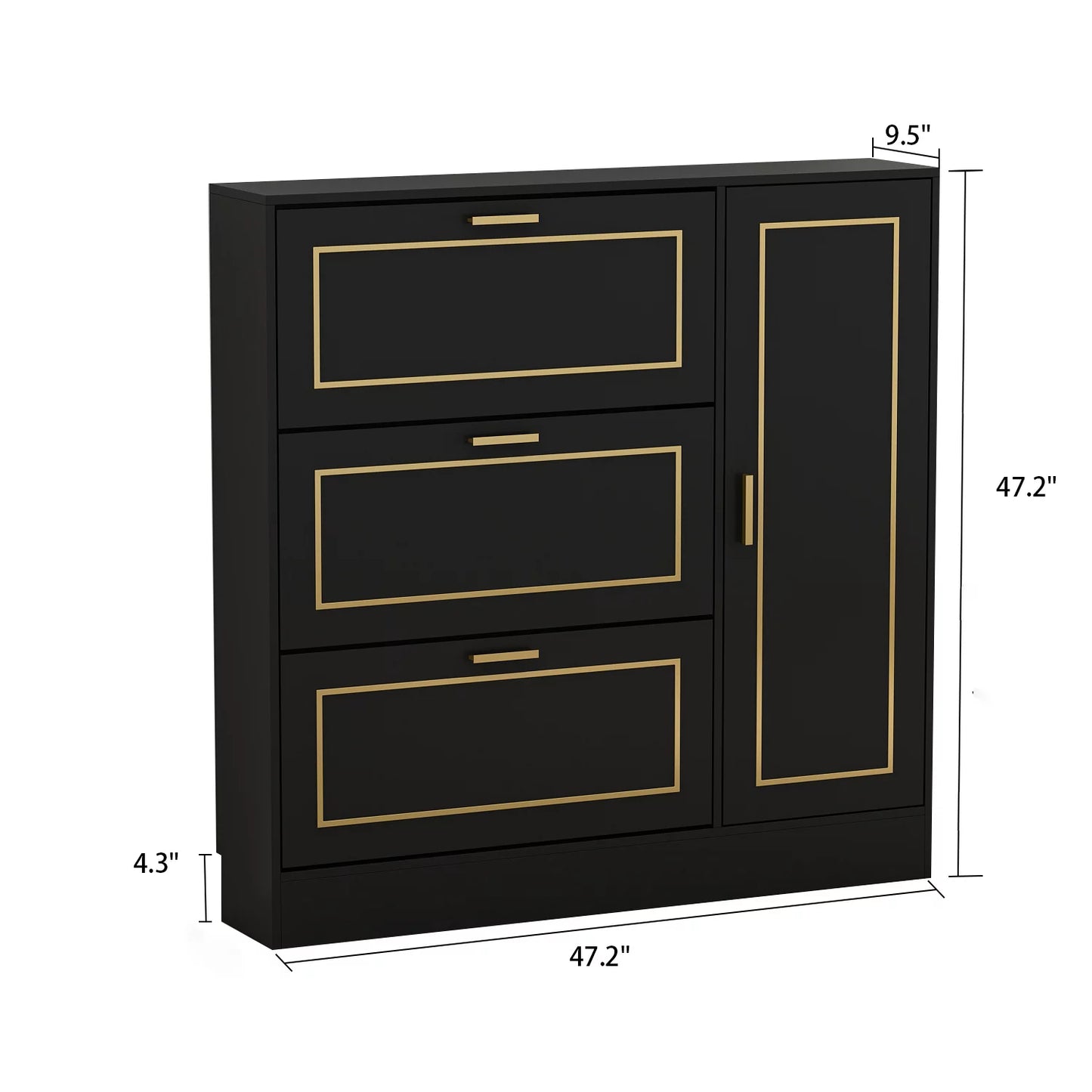 MONSLIPA 3 Drawer Shoe Cabinet Cupboard, Stand Standing Shoe Storage Organizer, Shoe Cupboard for Living Room Hallway Cloakroom Entryway, Black&Gold