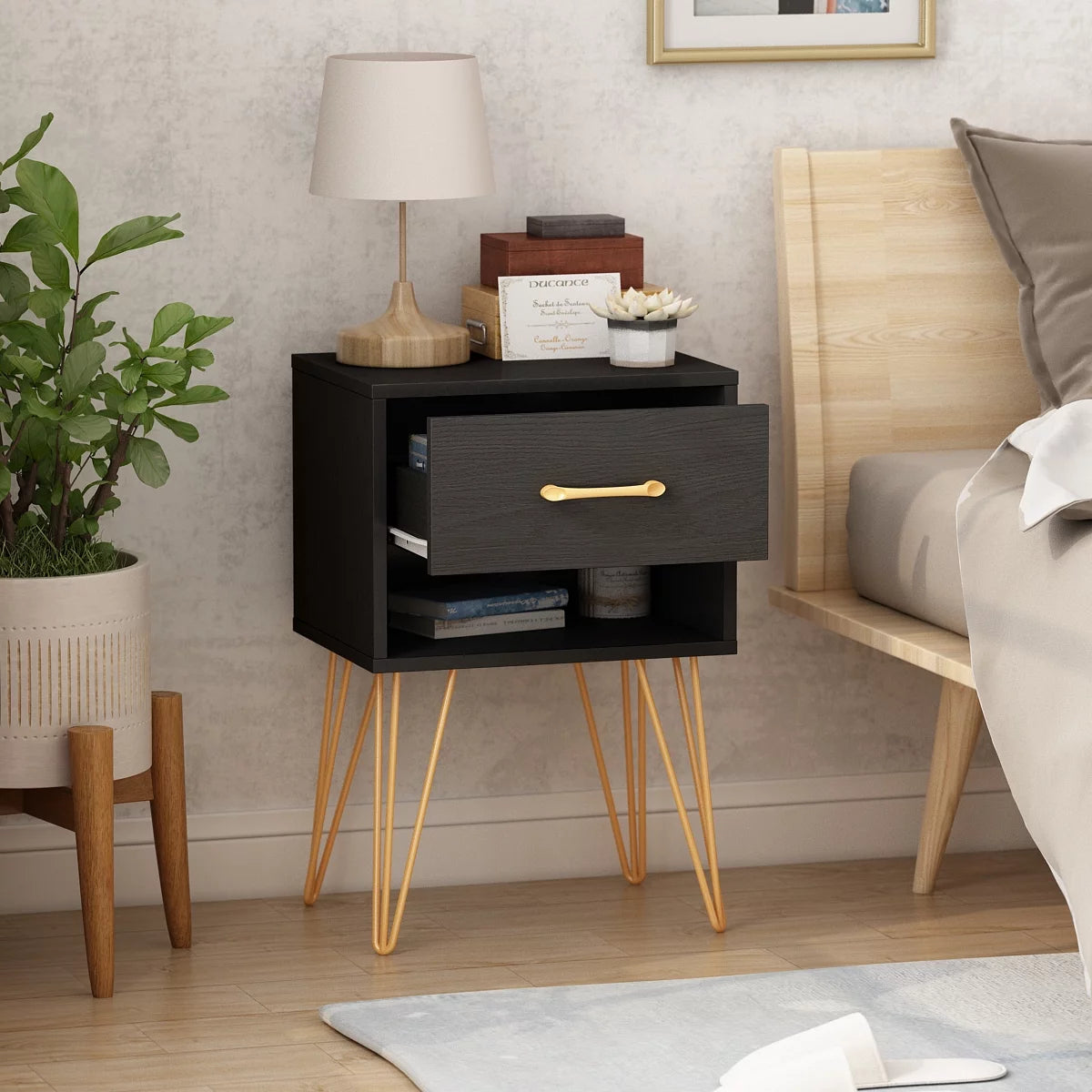 MONSLIPA Nightstand with Drawer and Open Shelf, Metal Frame End Side Table for Bedroom