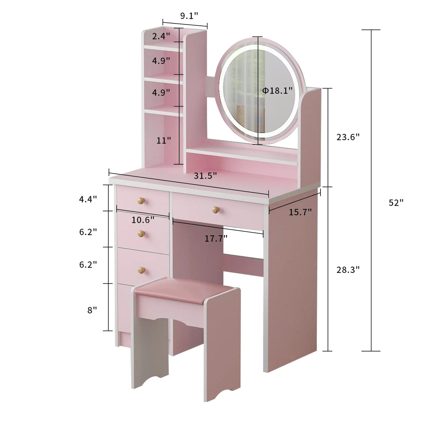 MONSLIPA Modern Vanity Table with Mirror, LED Lights, Makeup Dressing Table with Lighted Mirror, Stool, Open Shelves and 4 Drawers, Pink, Ideal for Bedroom, Girlfriend Gift