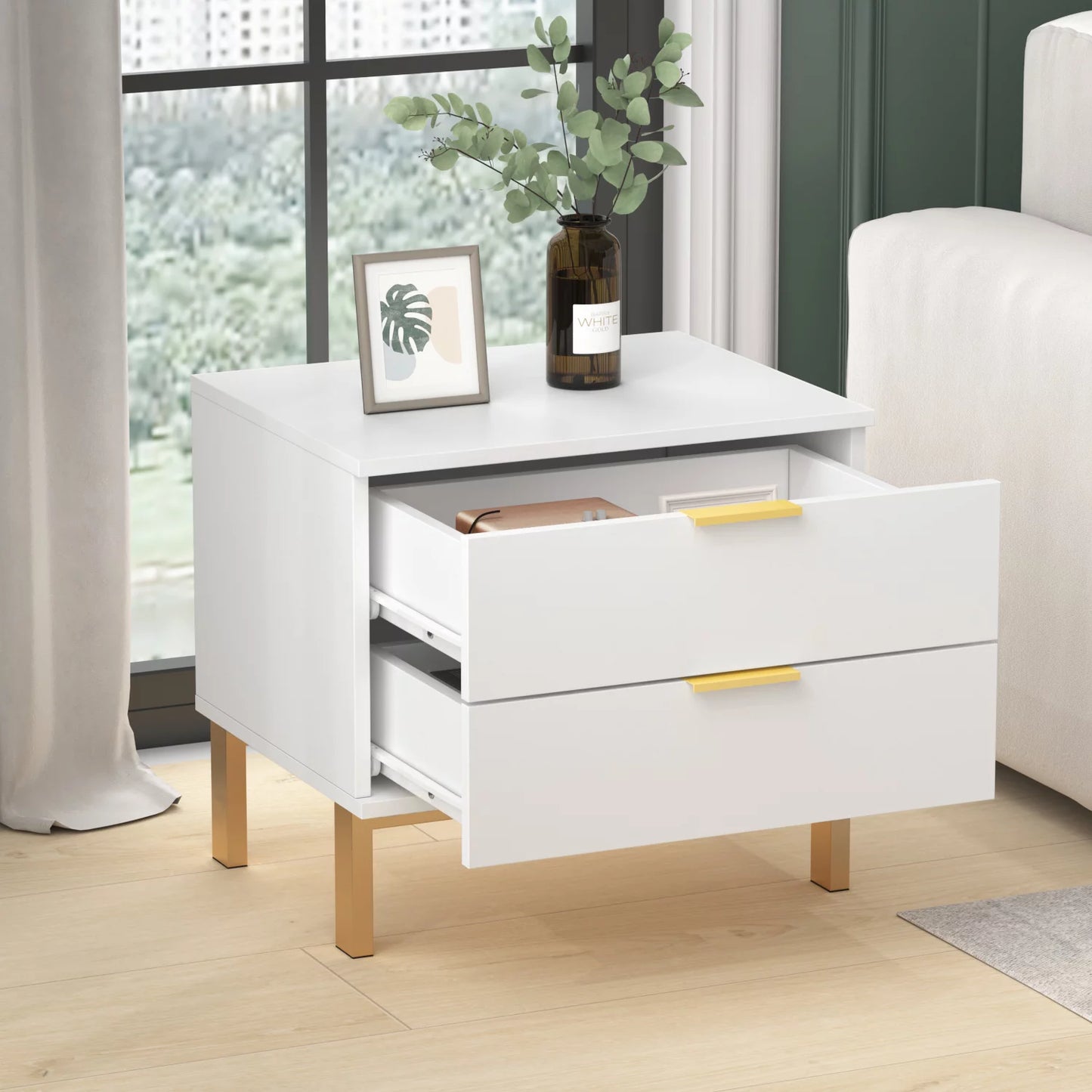 MONSLIPA Nightstand with 2 Drawers, End Table Storage Wood Cabinet Bedroom Accent Side Table, White