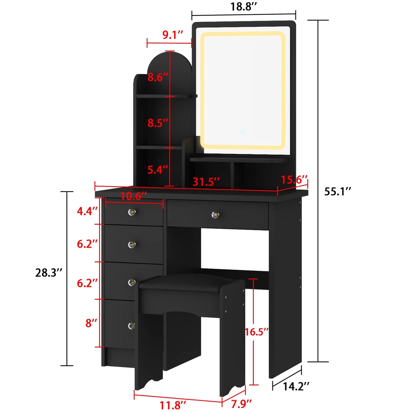 MONSLIPA Vanity Set with Lighted Mirror, Makeup Dresse Table with 5 Drawers and Open Shelves, Cushioned Stool ( Black )