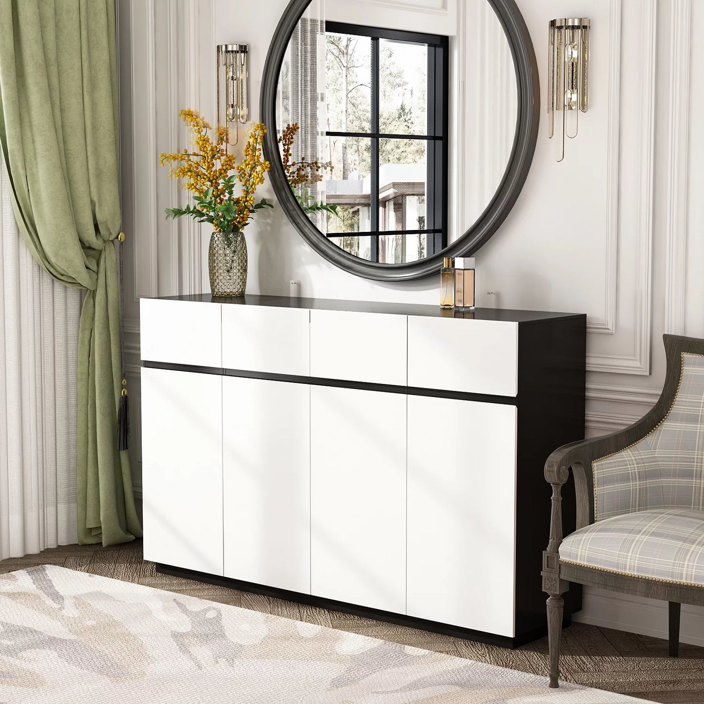 MONSLIPA Buffet Sideboard Credenza with 4 Drawers, Kitchen Credenza Storage Cabinet for Hallway Entryway, White