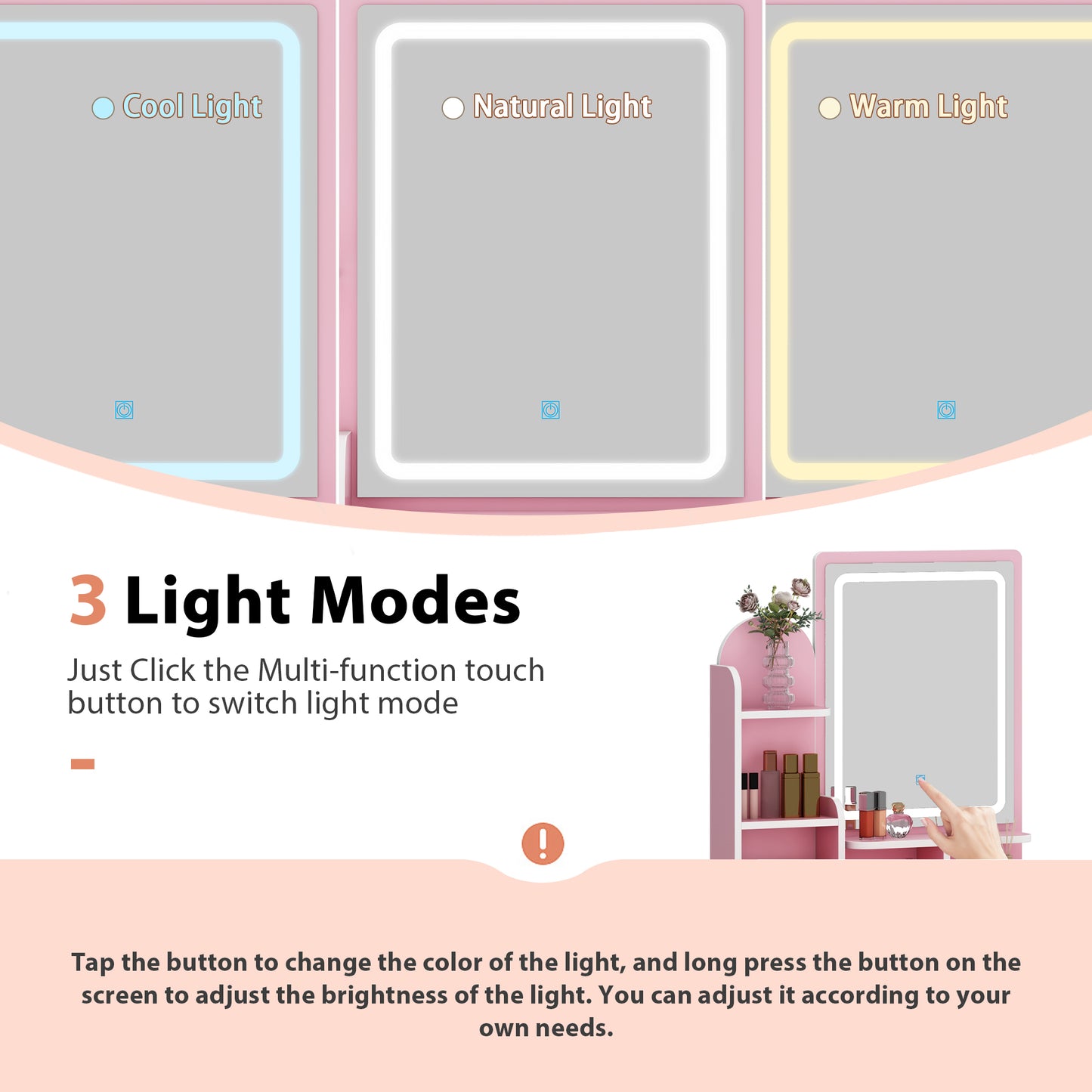 MONSLIPA Pink Finish Vanity Table Set for Girls with Lighted Mirror, 5 Drawers, Shelves, Stool