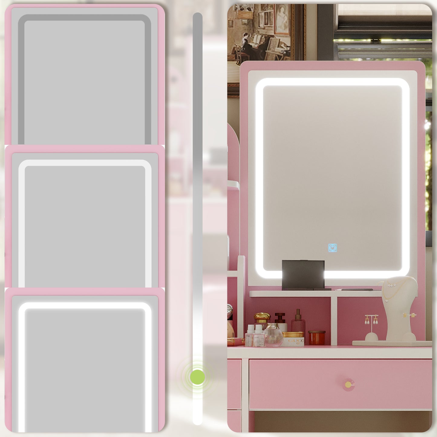 MONSLIPA Pink Finish Vanity Table Set for Girls with Lighted Mirror, 5 Drawers, Shelves, Stool