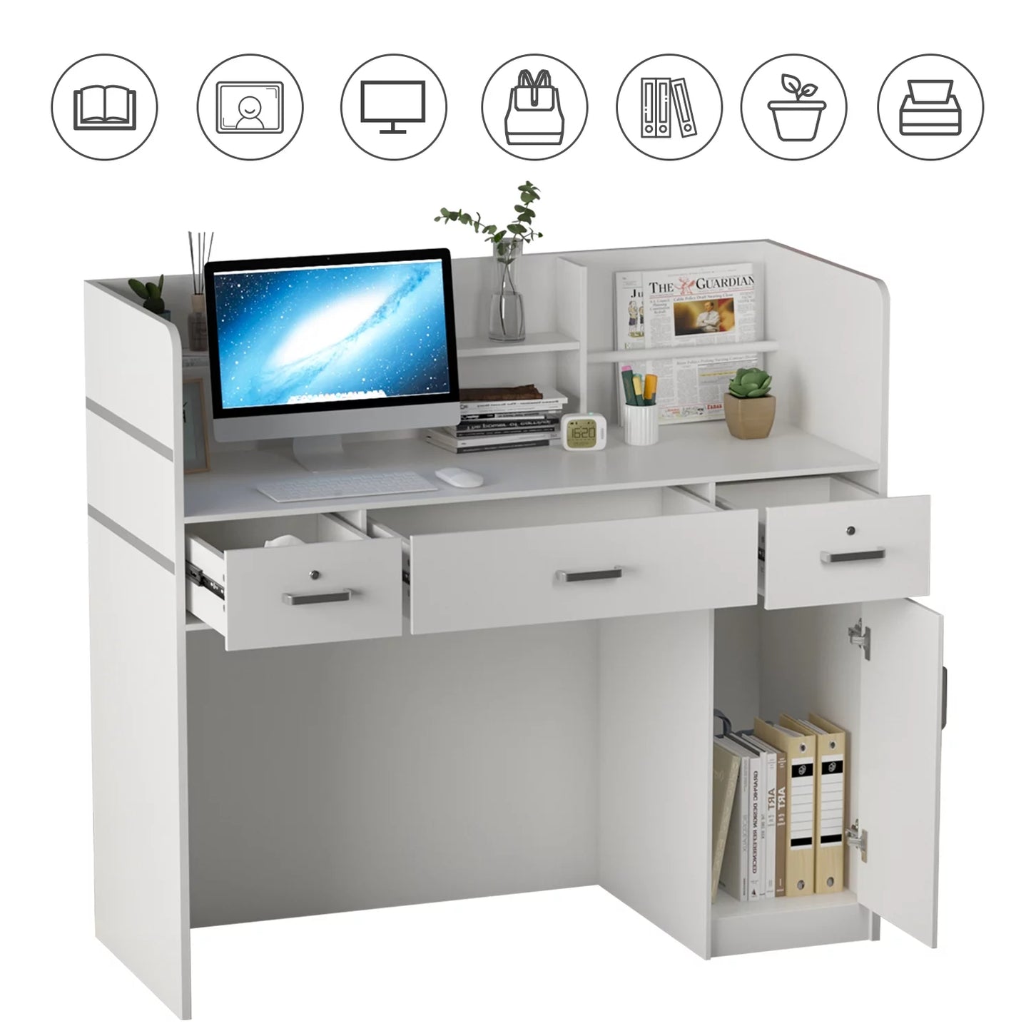 MONSLIPA Reception Desk with Drawers and Hutch, White Office Restaurant Beauty Salon Shop Furniture